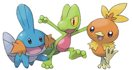 Pokémon iniciales de la tercera generación. De izquierda a derecha: Mudkip, Treecko y Torchic. Pokémon iniciales de la tercera generación. De izquierda a derecha: Mudkip, Treecko y Torchic.