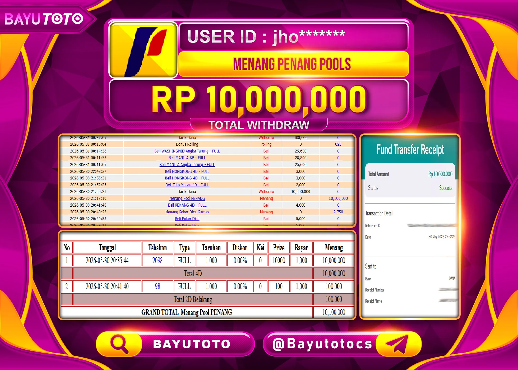 SELAMAT MEMBER SETIA BAYUTOTO JACKPOT DI TOGEL PENANG POOLS Rp. 10,000,000 LUNAS