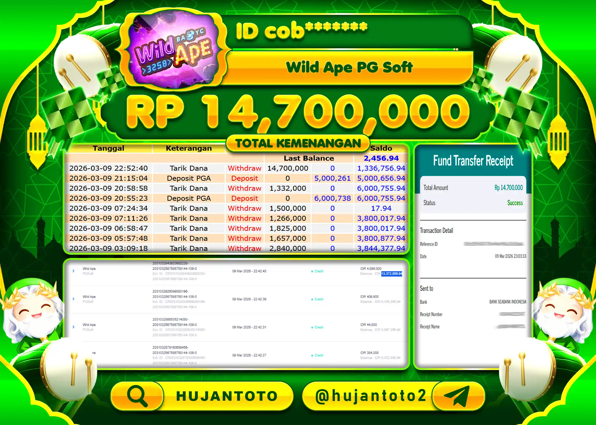 HUJANTOTO - BUKTI JACKPOT MENANG SLOT WILD APE PG SOFT Rp.14,700,000 - TERBAYAR LUNAS