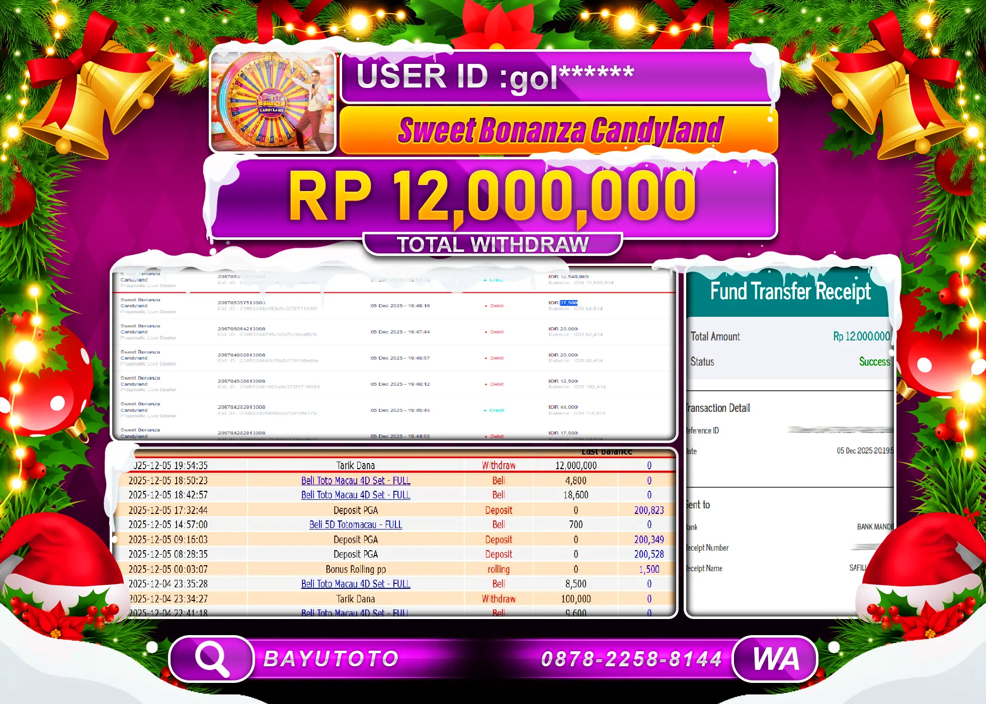 SELAMAT MEMBER SETIA BAYUTOTO JACKPOT SWEET BONANZA CANDYLAND Rp. 12,000,000 LUNAS