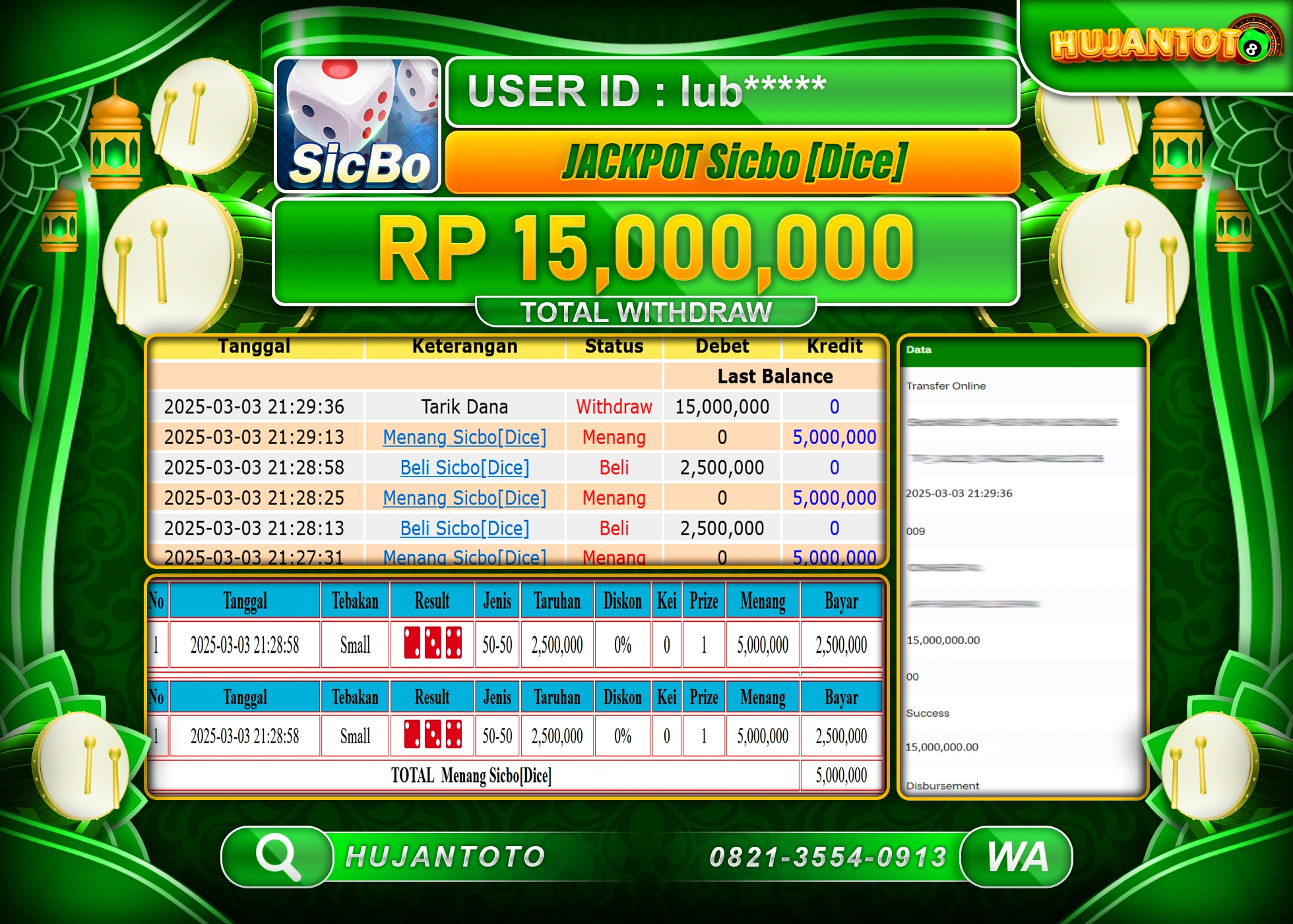 HUJANTOTO - BUKTI JACKPOT MENANG LIVE GAMES SICBO DICE Rp,15,000,000 - TERBAYAR LUNAS