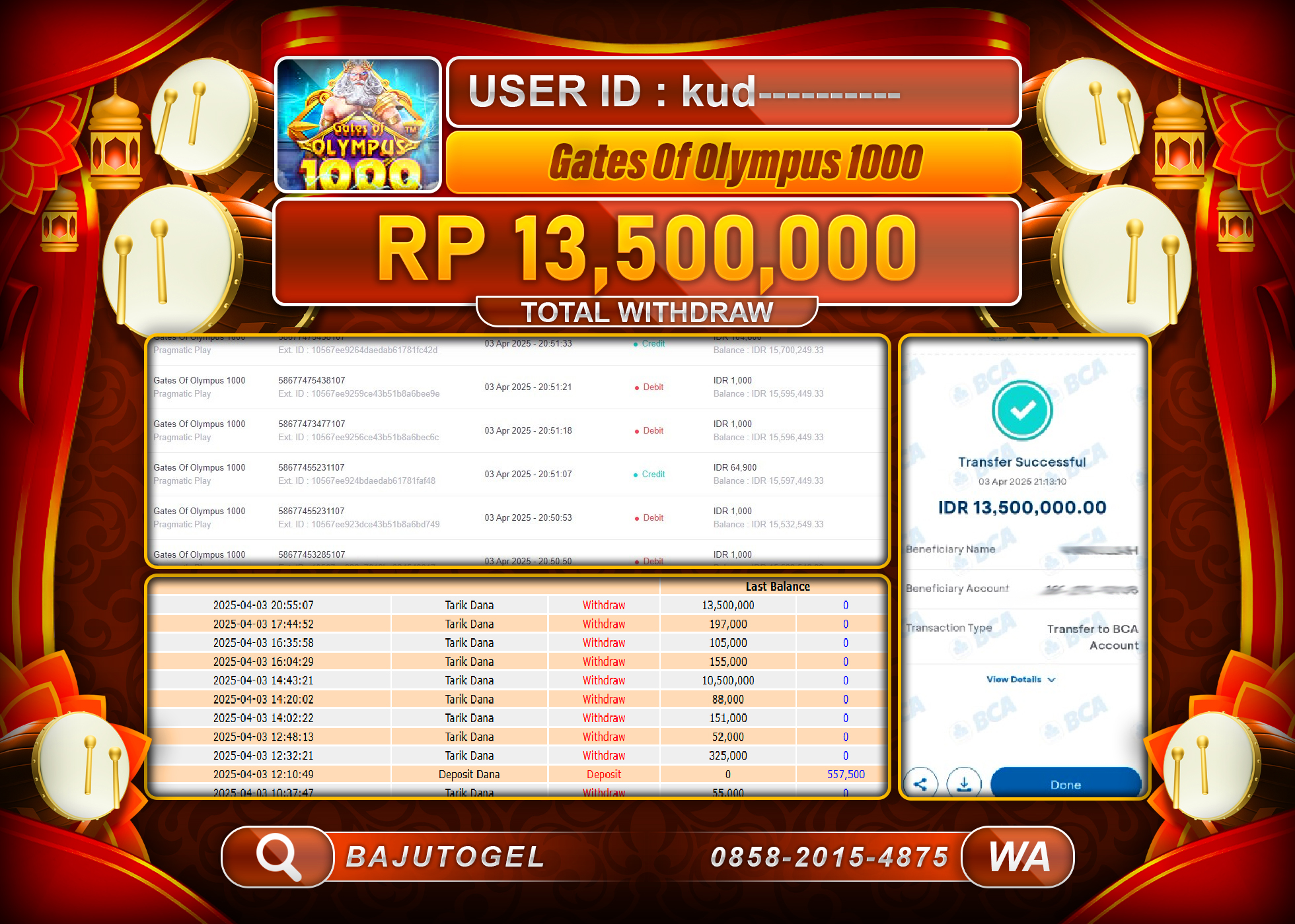 BAJUTOGEL KEMENANGAN GATES OF OLYMPUS 1000 Rp.13.500.000 LUNAS