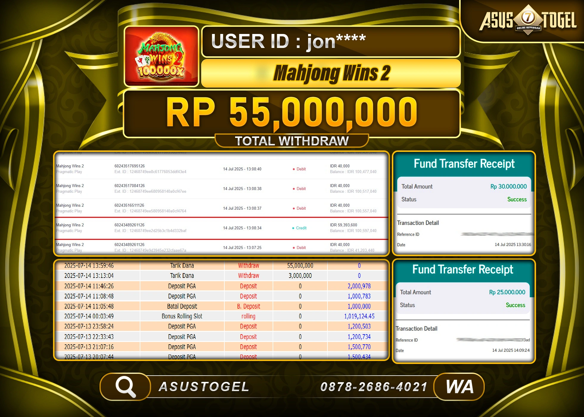 ASUSTOGEL KEMENANGAN DI SLOT MAHJONG WINS 2 SEBESAR 55,000,000- RUPIAH LUNAS
