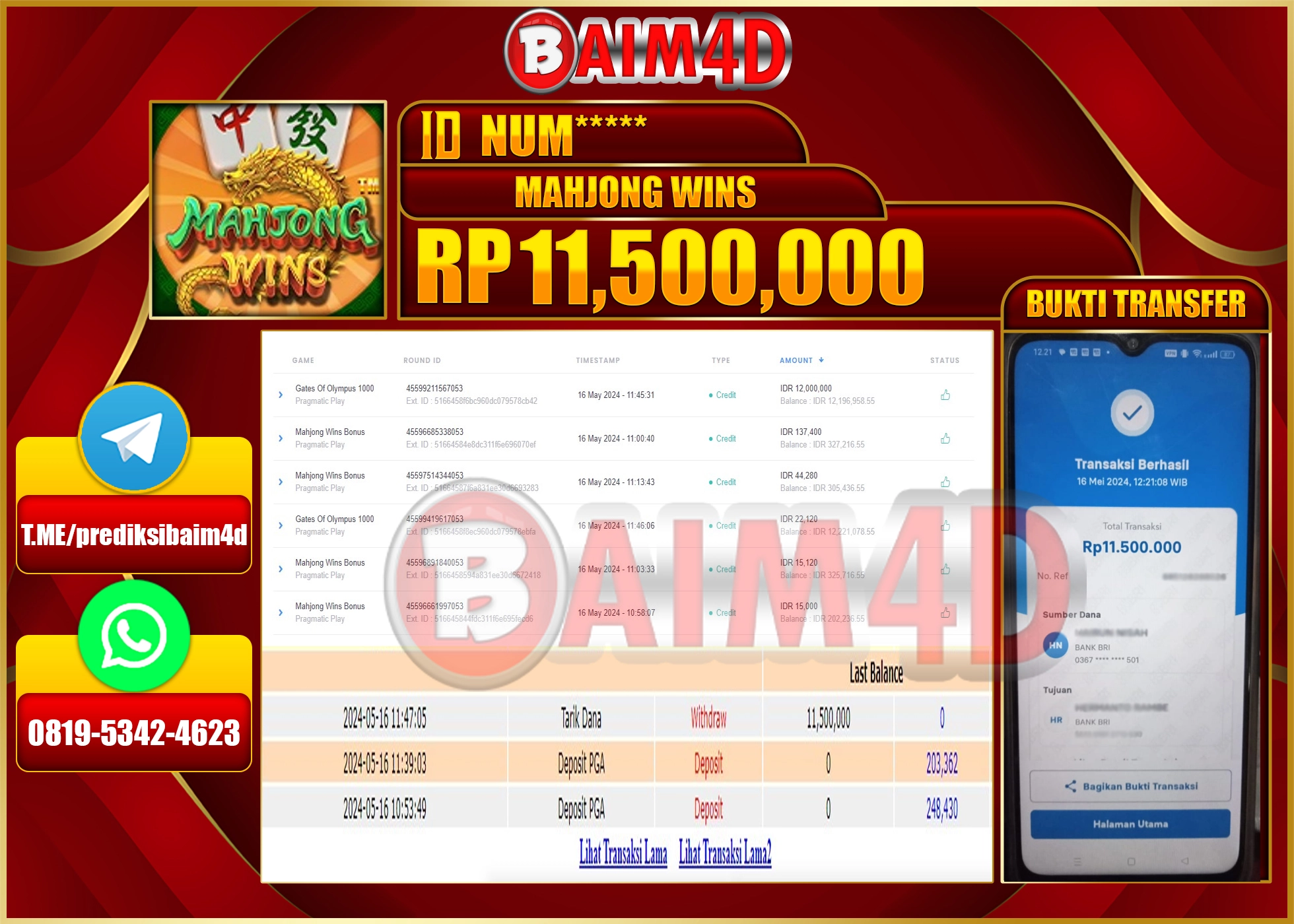 BAIM4D JACKPOT di MAHJONG WINS Rp.11,500,000.,- LUNAS