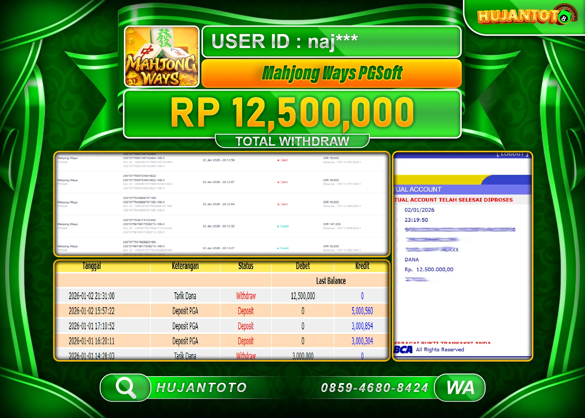 HUJANTOTO - BUKTI JACKPOT MENANG SLOT MAHJONG WAYS Rp.12,500,000 - TERBAYAR LUNAS