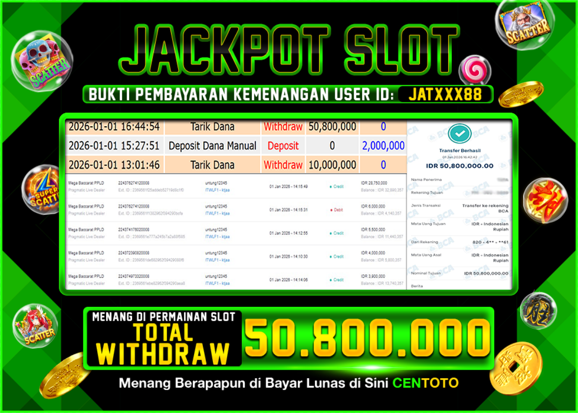 BUKTI JACKPOT SLOT CENTOTO  RP.50.800.000,-LUNAS