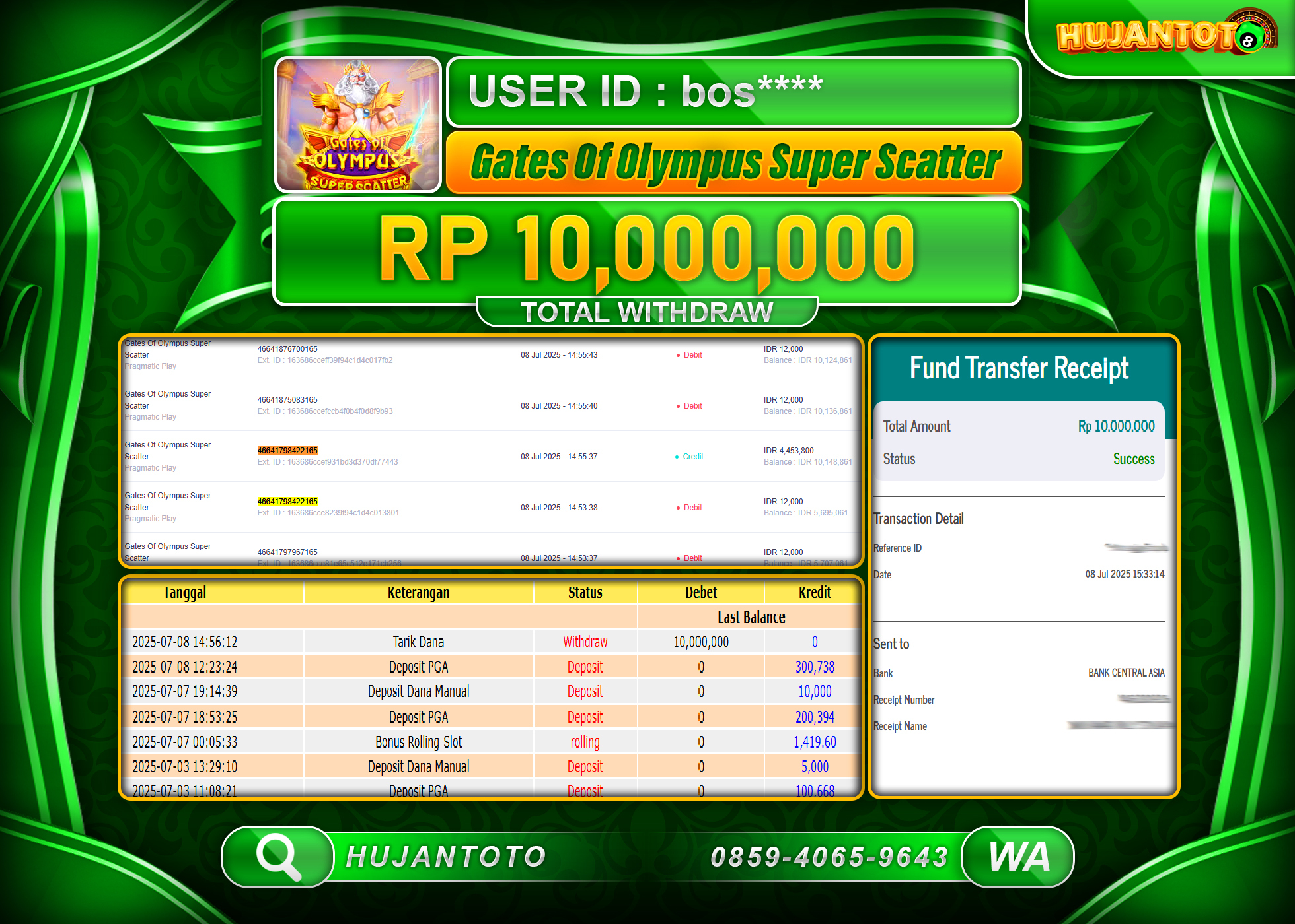 HUJANTOTO - BUKTI JACKPOT MENANG BESAR DI GATES OF OLYMPUS SUPER SCATTER  Rp.10,000,000 - TERBAYAR LUNAS