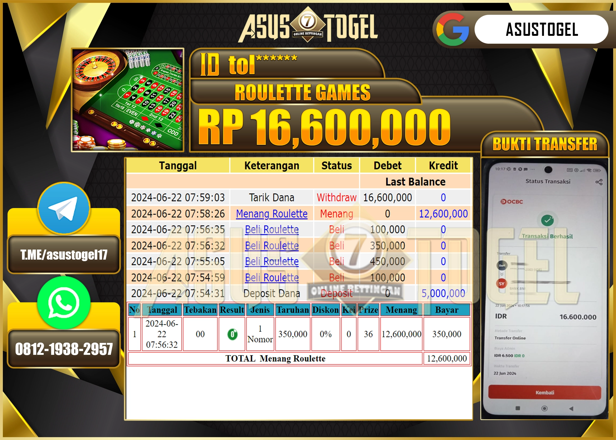 ASUSTOGEL KEMENANGAN ROULETTE GAMES SEBESAR 16,600,000-LUNAS