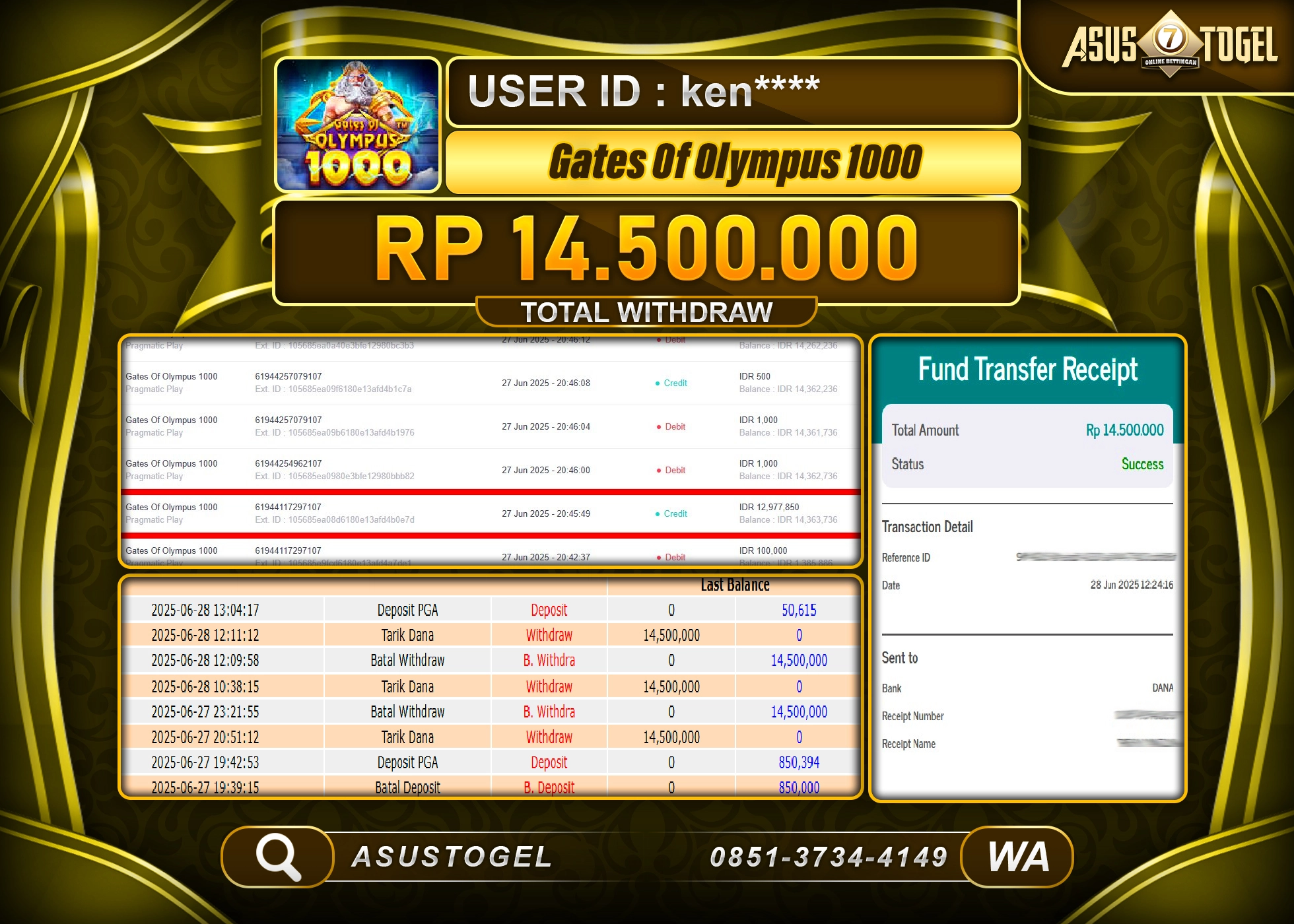 ASUSTOGEL KEMENANGAN DI SLOT GATES OF OLYMPUS 1000 SEBESAR 14,500,000- RUPIAH LUNAS