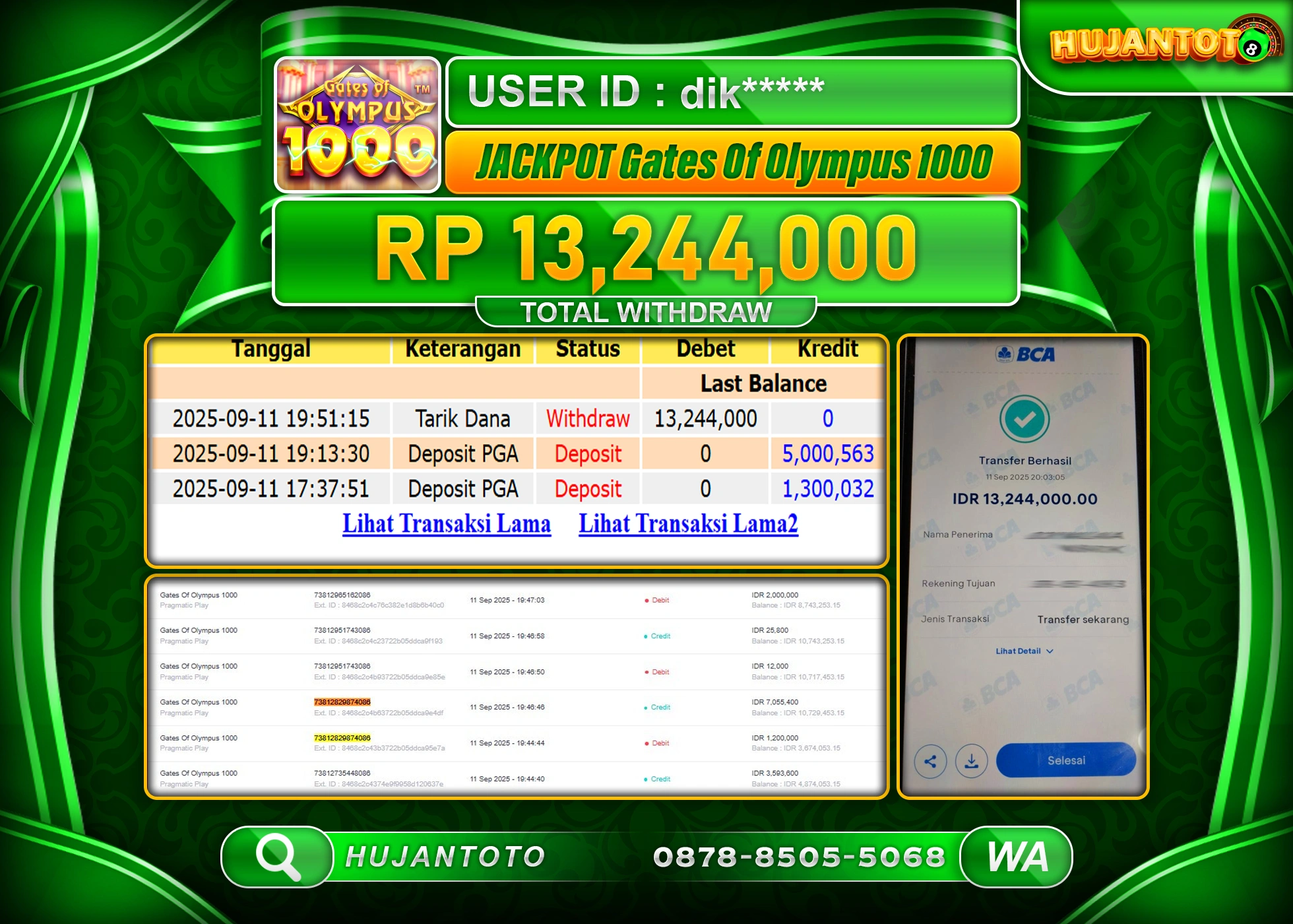 HUJANTOTO - BUKTI JACKPOT MENANG SLOT GATES OF OLYMPUS 1000 Rp.13,244,000 - TERBAYAR LUNAS