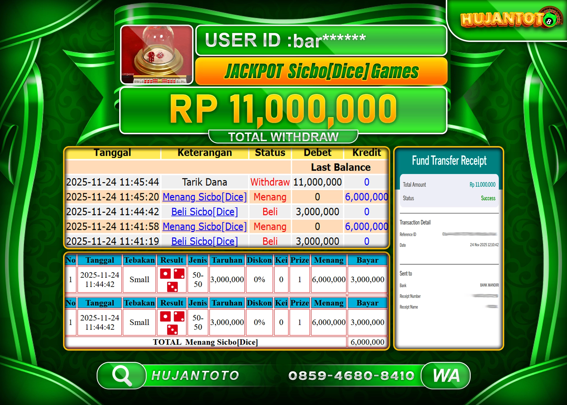 HUJANTOTO - BUKTI JACKPOT MENANG LIVE SICBO DICE GAMES  Rp.11,000,000 - TERBAYAR LUNAS