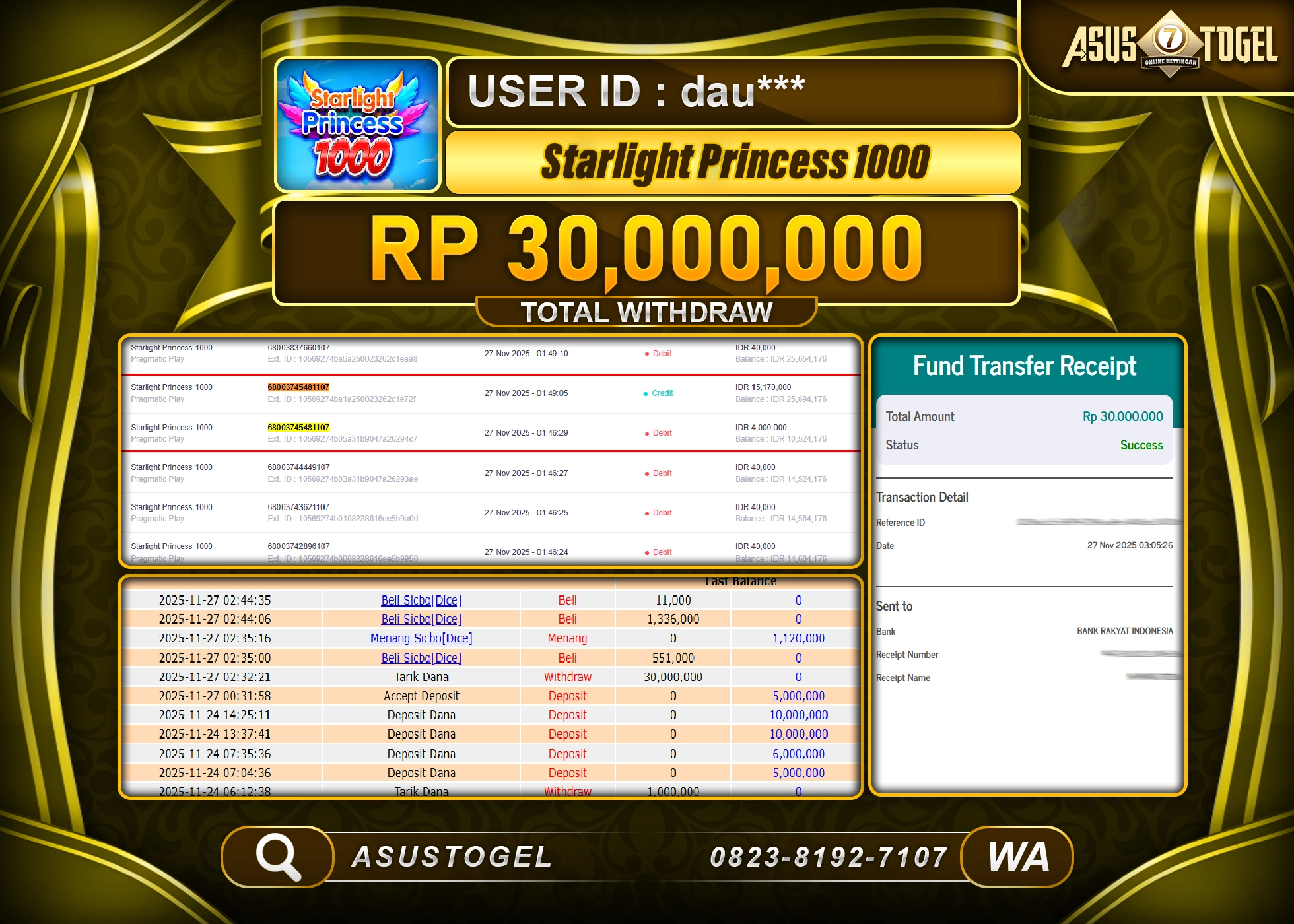 ASUSTOGEL KEMENANGAN DI SLOT STARLIGHT PRINCESS 1000 SEBESAR 30,000,000 - RUPIAH LUNAS