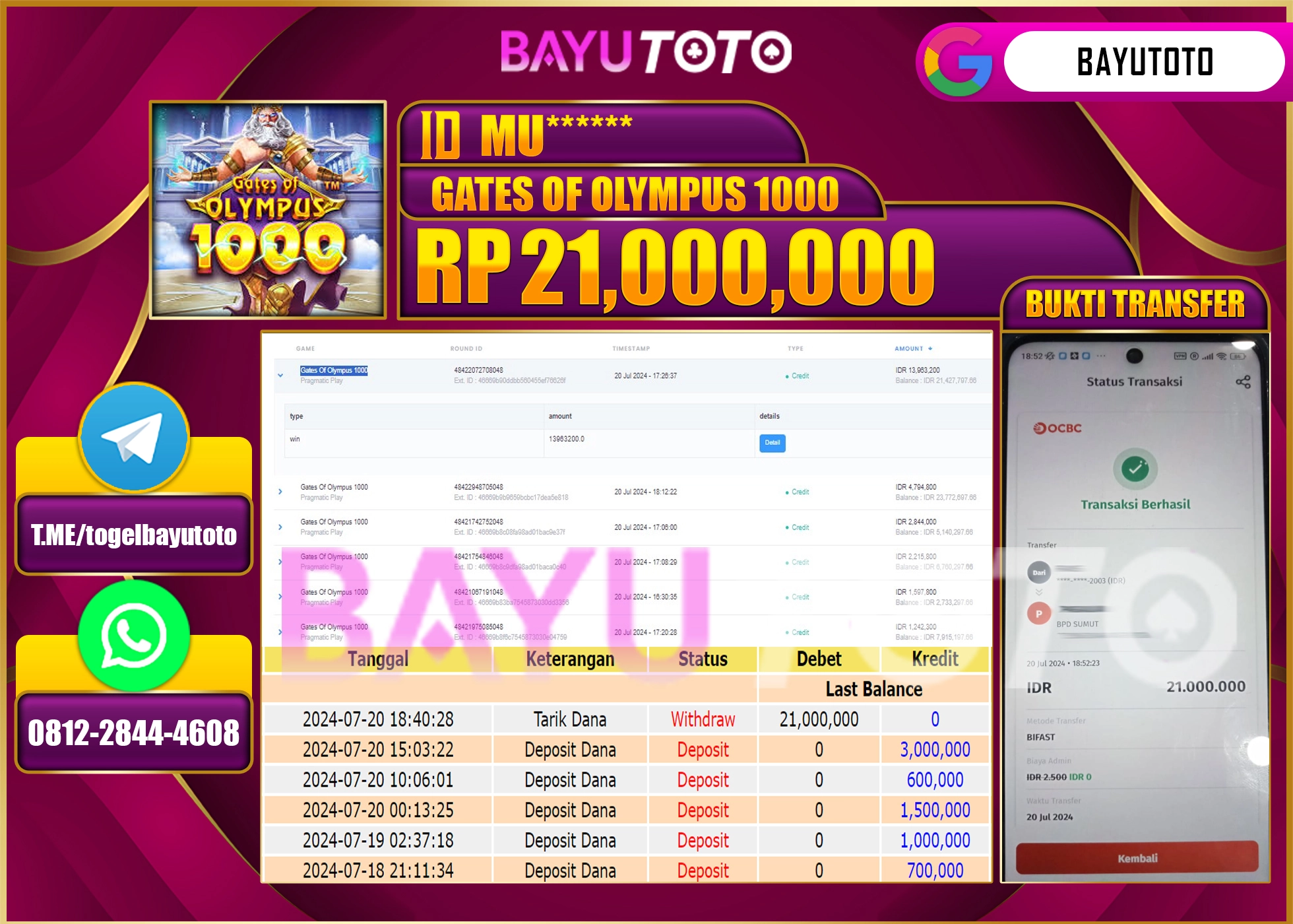 BAYUTOTO MENANG SLOT Gates Of Olympus 1000 21.000.000 - LUNAS