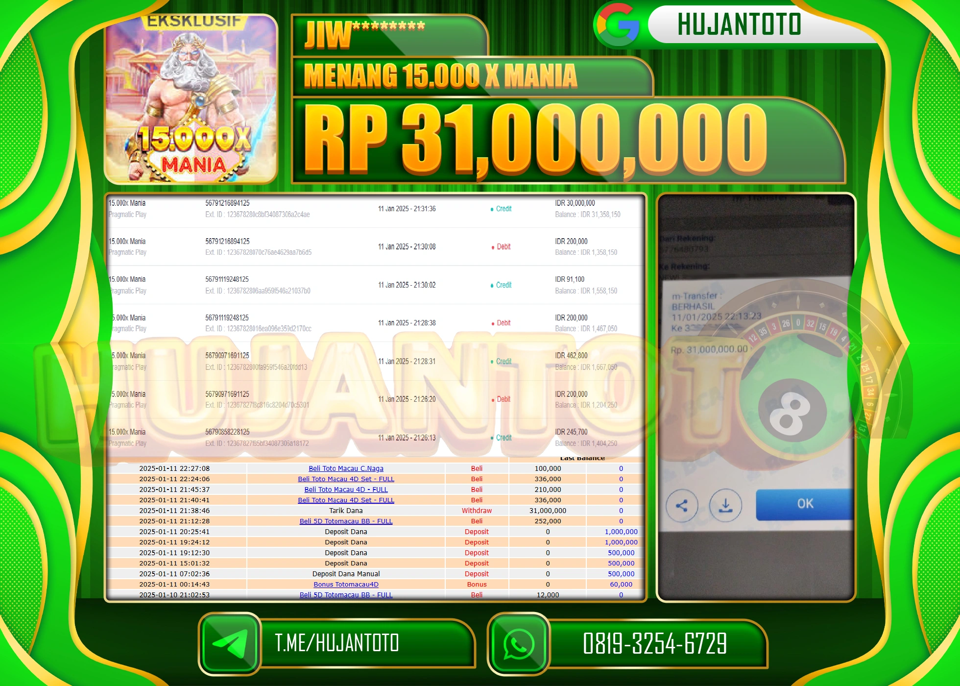 HUJANTOTO - BUKTI JACKPOT DI PERMAINAN SLOT PRAGMATIC 15.000 X MANIA Rp. 31,000,000 - TERBAYAR LUNAS
