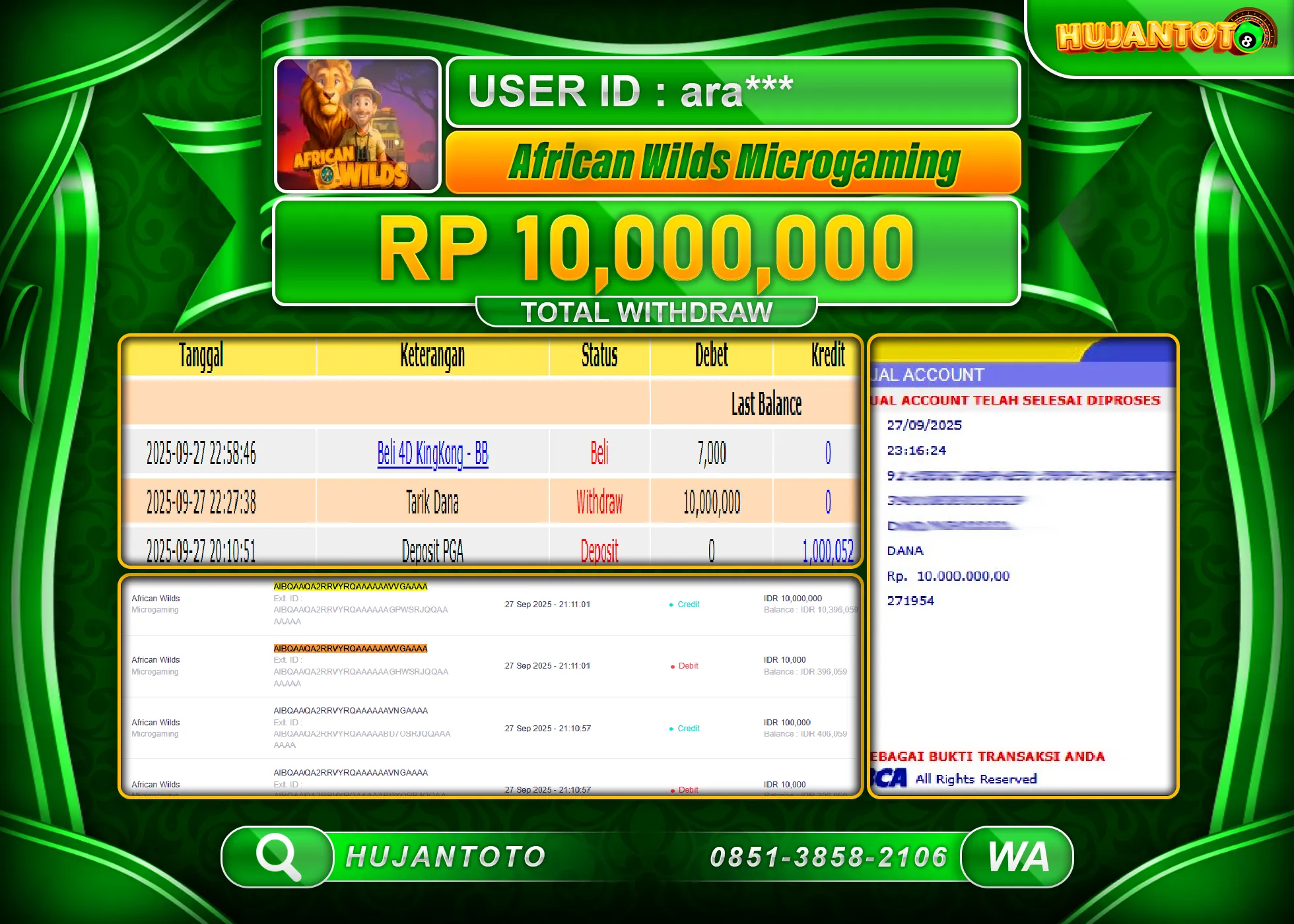 HUJANTOTO - BUKTI JACKPOT MENANG SLOT AFRICAN WILDS Rp.10,000,000 - TERBAYAR LUNAS