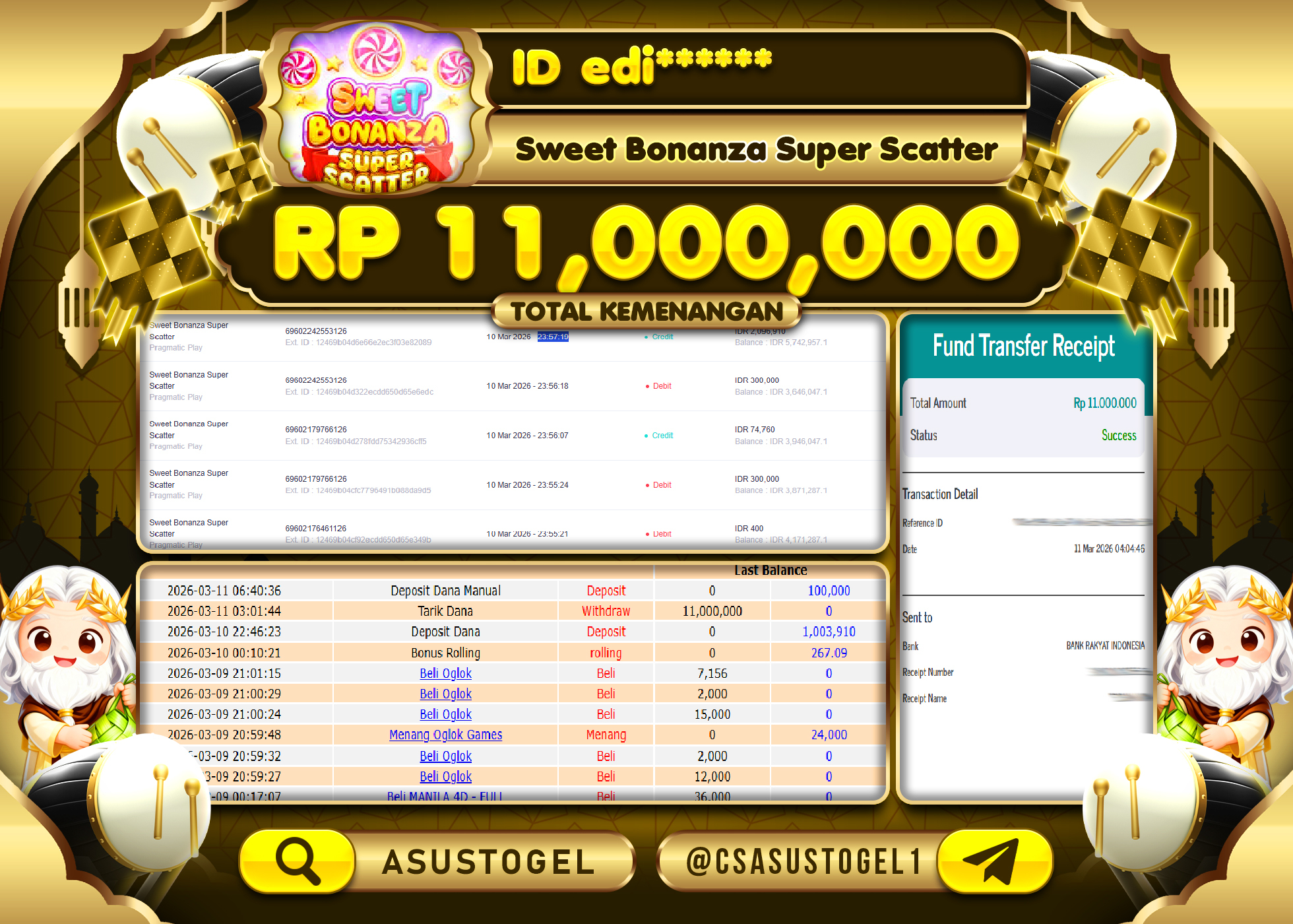 ASUSTOGEL KEMENANGAN DI SWEET BONANZA SUPER SCATTER SEBESAR 11,000,000 - RUPIAH LUNAS