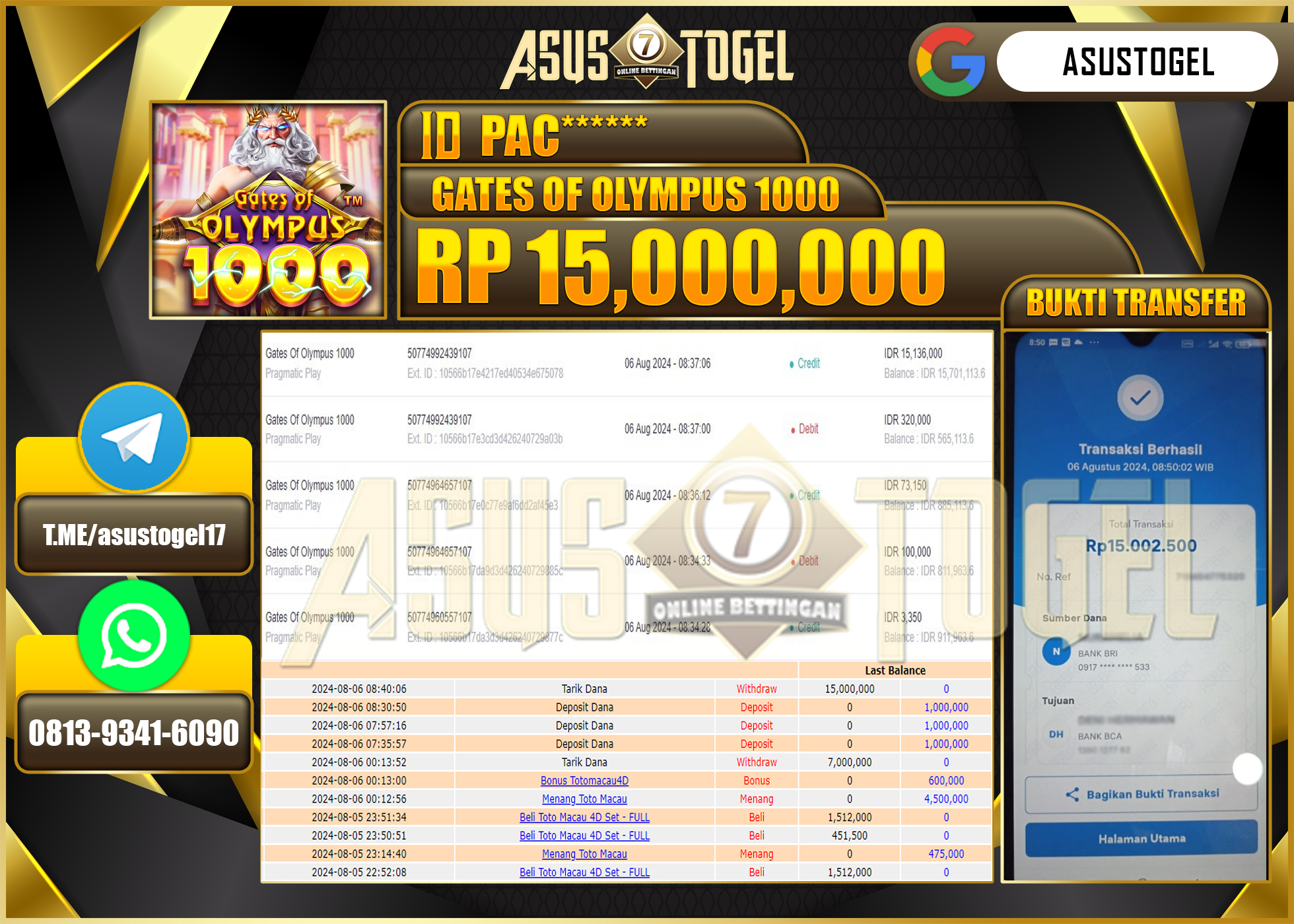 ASUSTOGEL KEMENANGAN DI GATES OF OLYMPUS 1000 SEBESAR 15,000,000- RUPIAH LUNAS
