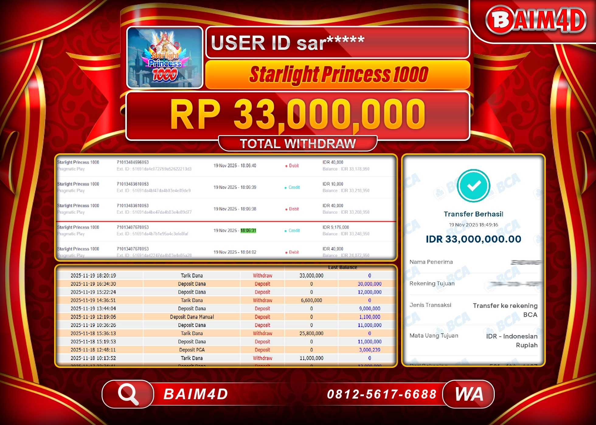BAIM4D JACKPOT SLOT STARLIGHT PRINCESS 1000 Rp.33,000,000 - LUNAS