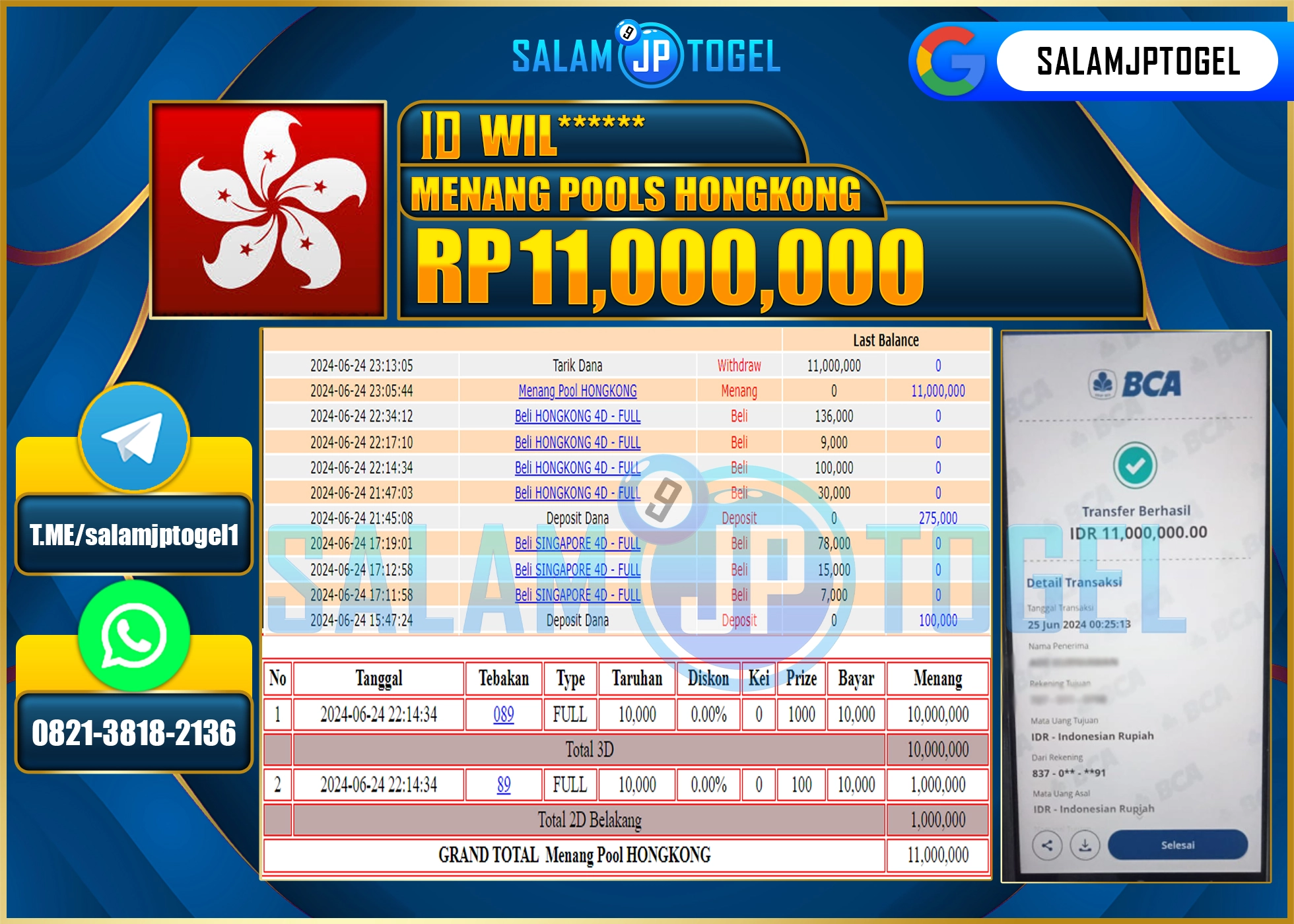 SALAMJPTOGEL MENANG POOLS HONGKONG RP. 11,000,000.,LUNAS