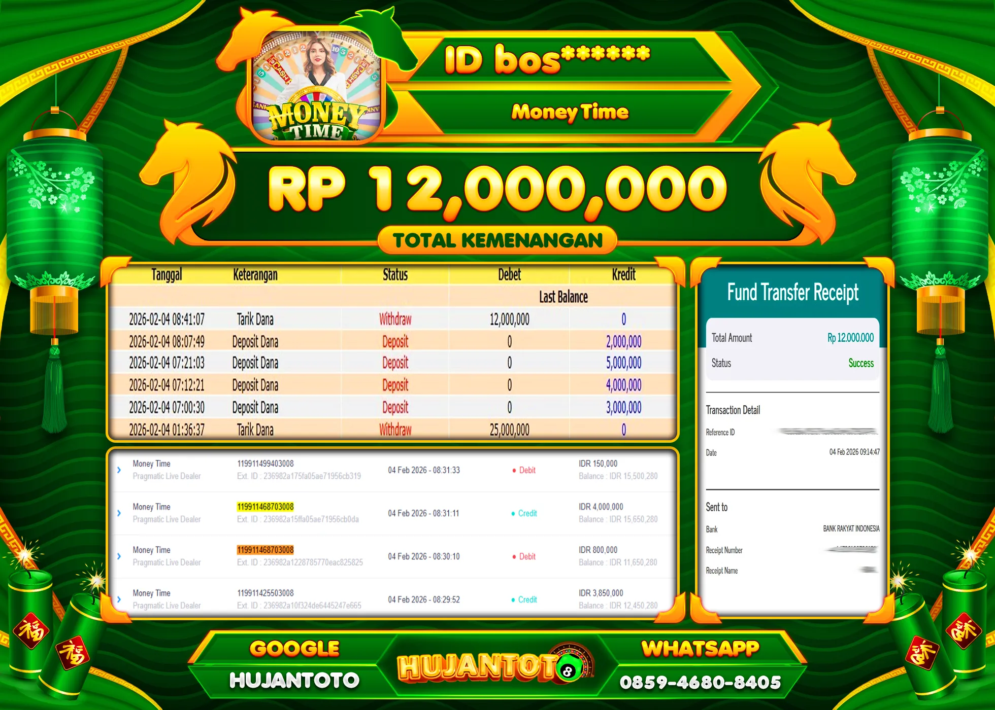 HUJANTOTO - BUKTI JACKPOT MENANG LIVEGAMES MONEY TIME Rp.12,000,000 - TERBAYAR LUNAS