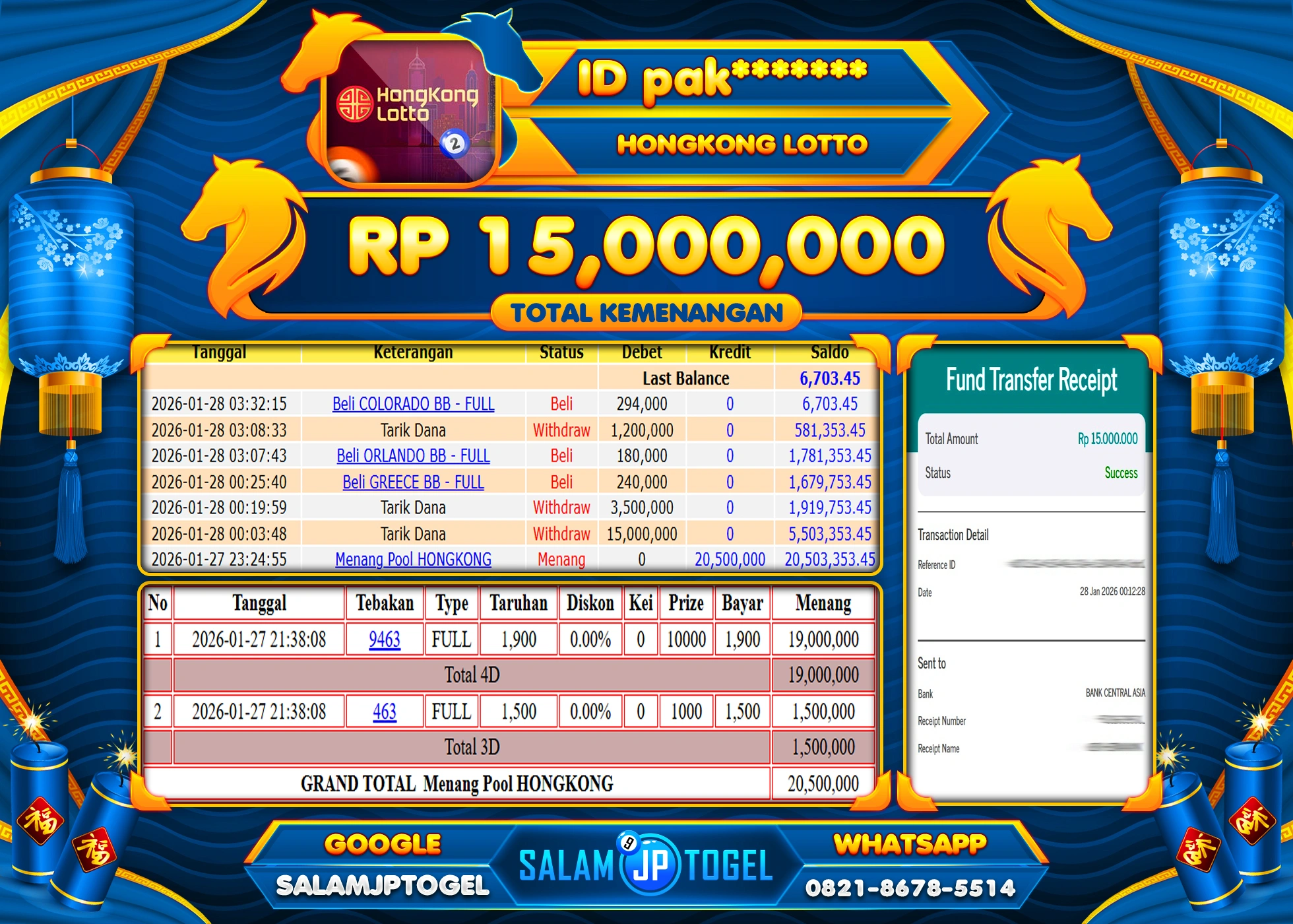 SALAMJPTOGEL JACKPOT HONGKONG LOTTO Rp.15,000,000 - LUNAS