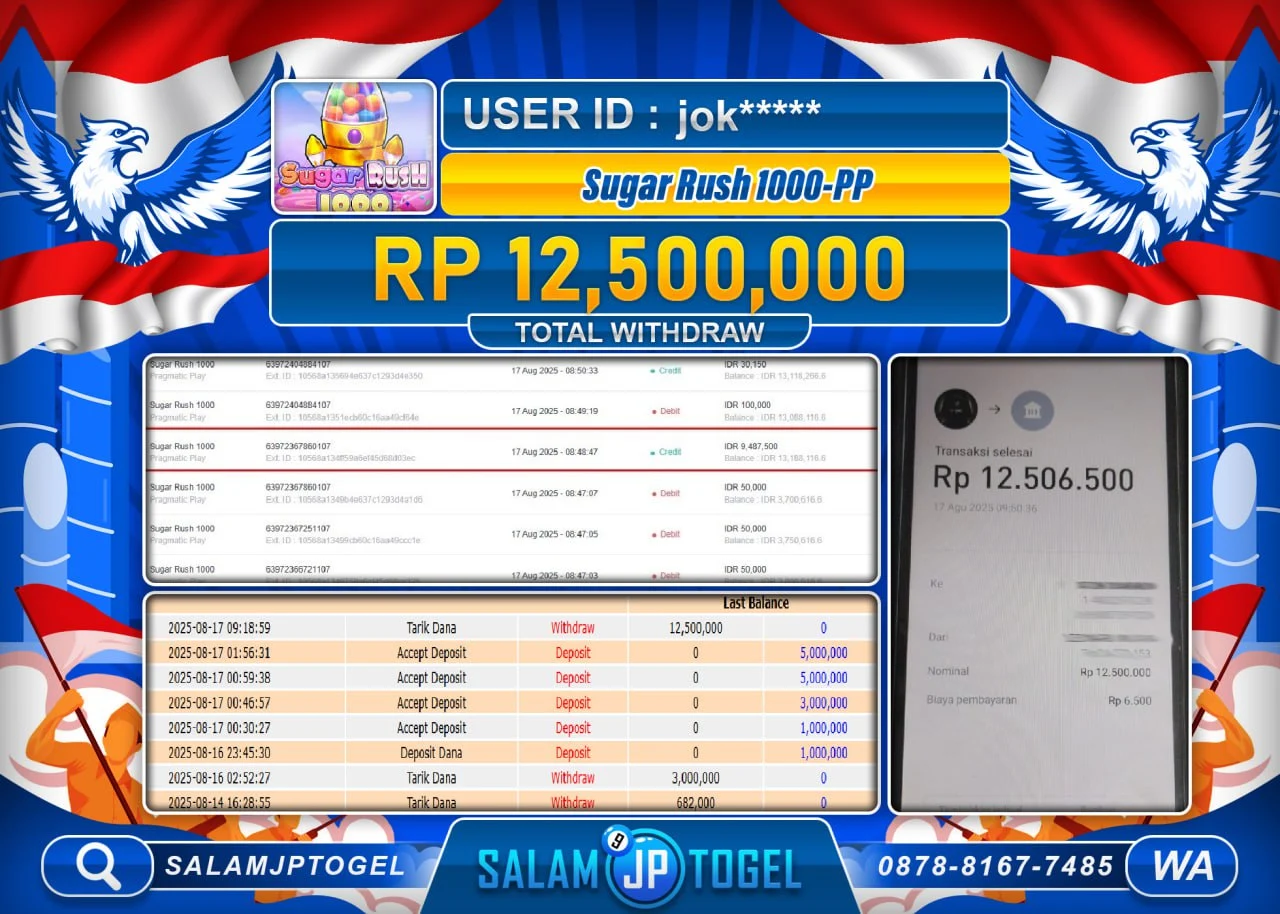 SALAMJPTOGEL MENANG JACKPOT SUGAR RUSH 1000  Rp.12,500,000