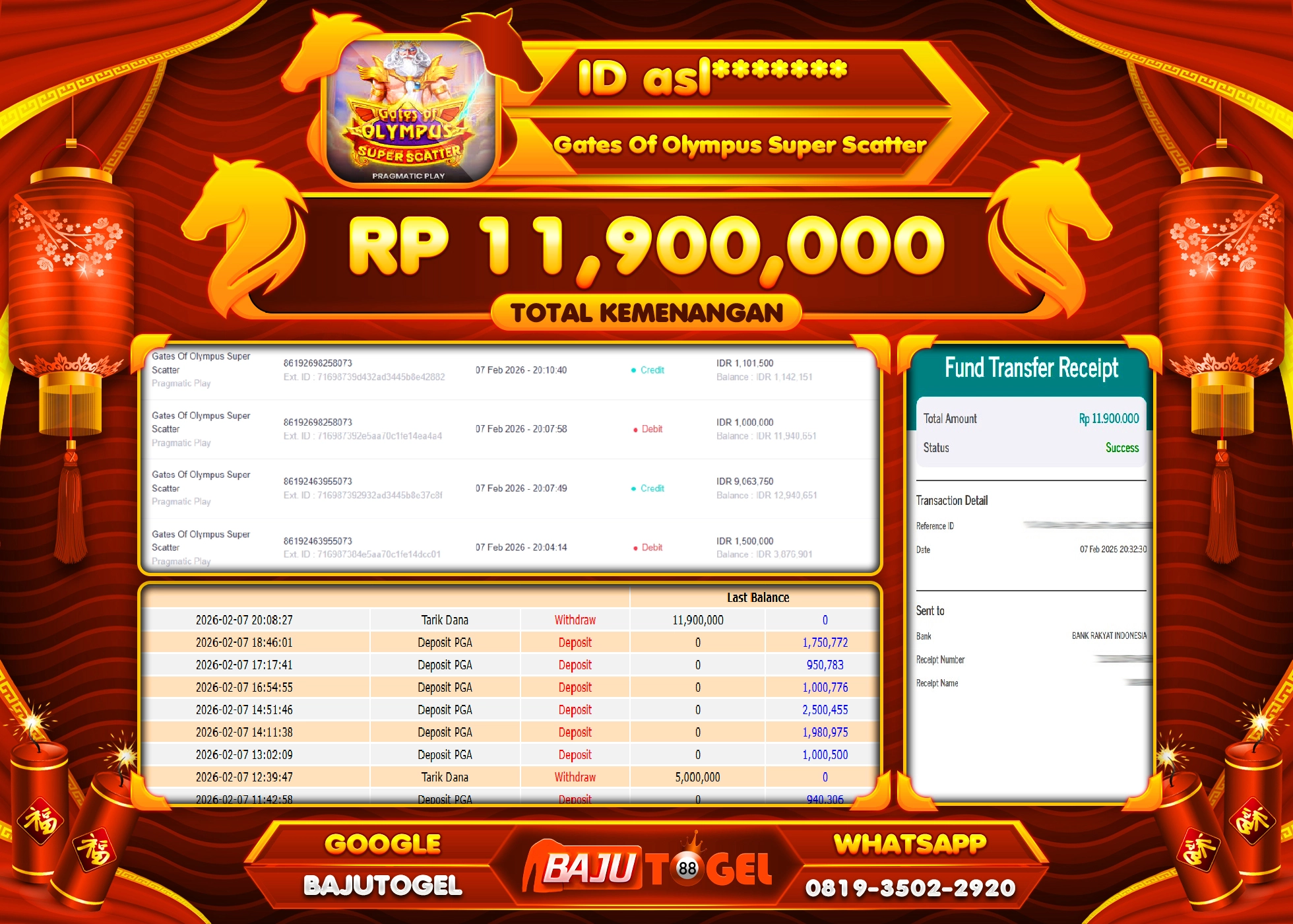 BAJUTOGEL KEMENANGAN GATES OF OLYMPUS SUPER SCATTER PRAGMATIC PLAY Rp.11,900,000 LUNAS