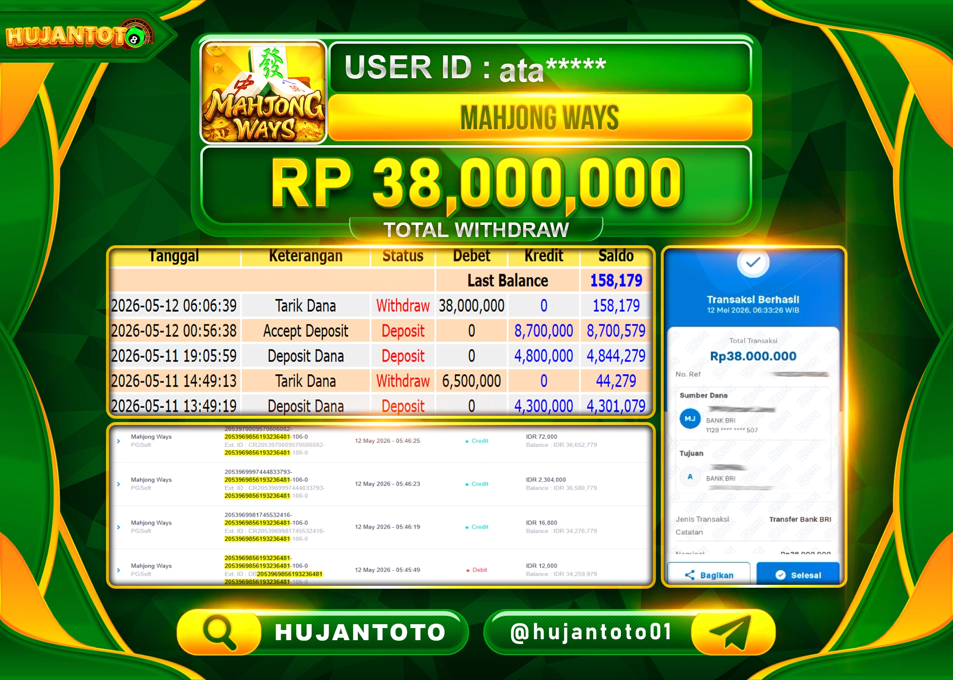 HUJANTOTO - BUKTI JACKPOT MENANG SLOT MAHJONG WAYS PG SOFT Rp.38,000,000 - TERBAYAR LUNAS