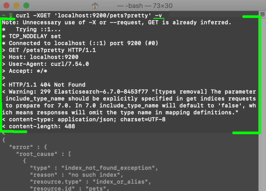 Screenshot of a --verbose -v header option used in a cURL request to an Elasticsearch cluster