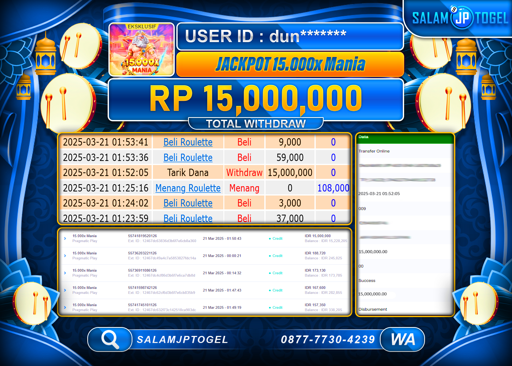 SALAMJPTOGEL MENANG 15.000X MANIA Rp. 15,000,000 LUNAS