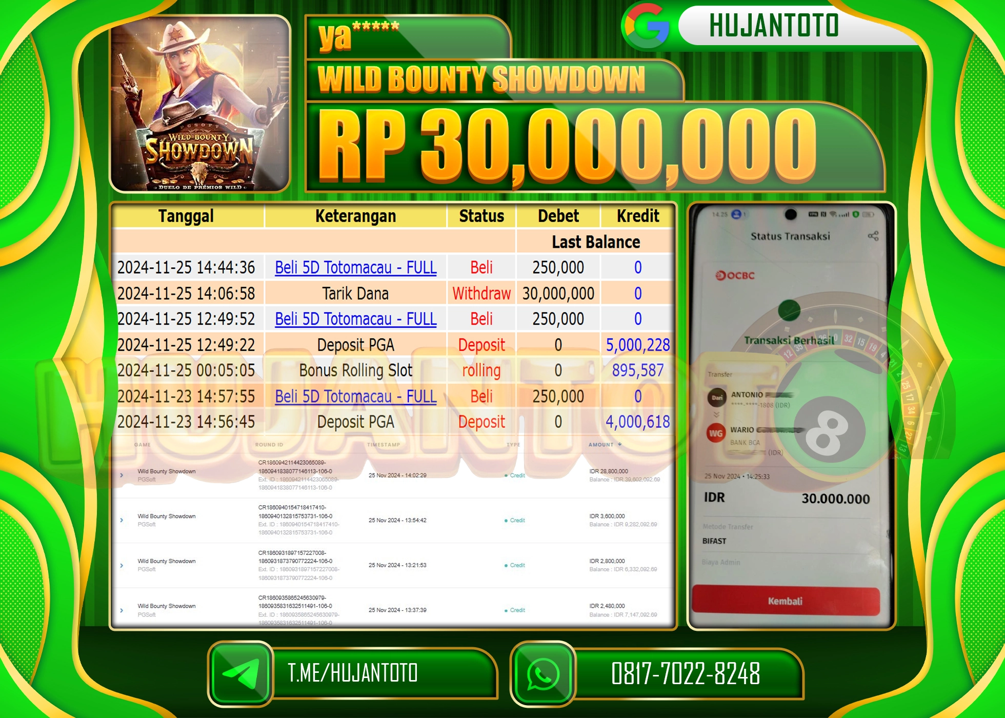 HUJANTOTO KEMENANGAN JACKPOT  BESAR DI SLOT WILD BOUNTY SHOWDOWN GAMES   SEBESAR  - 30,000,000 - LUNAS