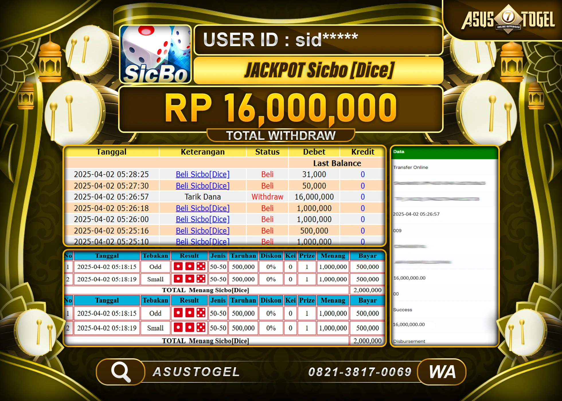 ASUSTOGEL KEMENANGAN DI LIVE GAME SICBO [DICE] SEBESAR 16,000,000- RUPIAH LUNAS