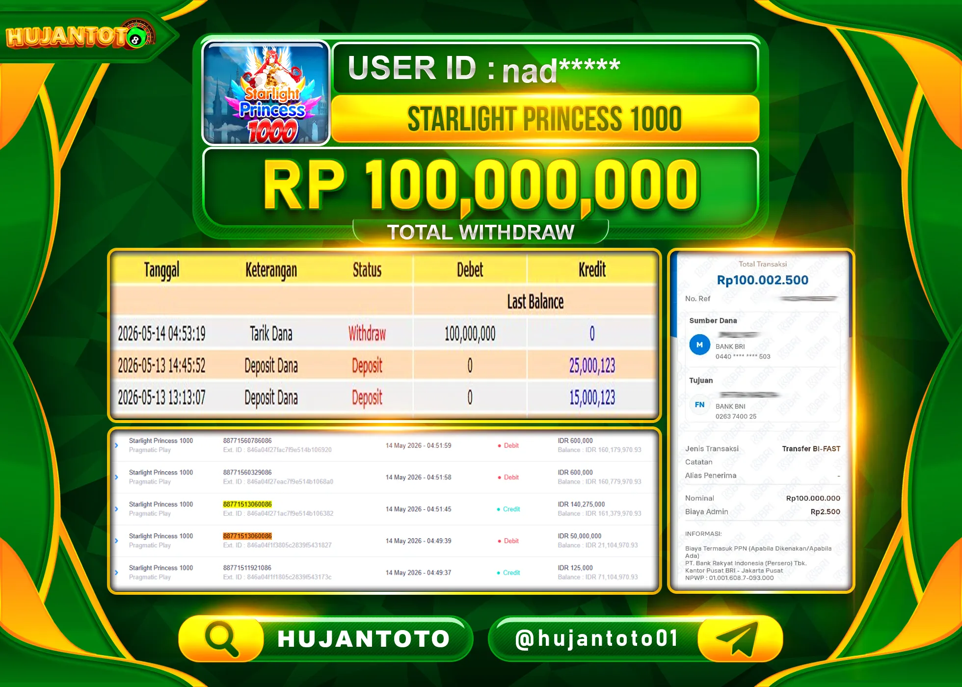 HUJANTOTO - BUKTI JACKPOT MENANG STARLIGHT PRINCESS 1000 Rp.100,000,000 - TERBAYAR LUNAS