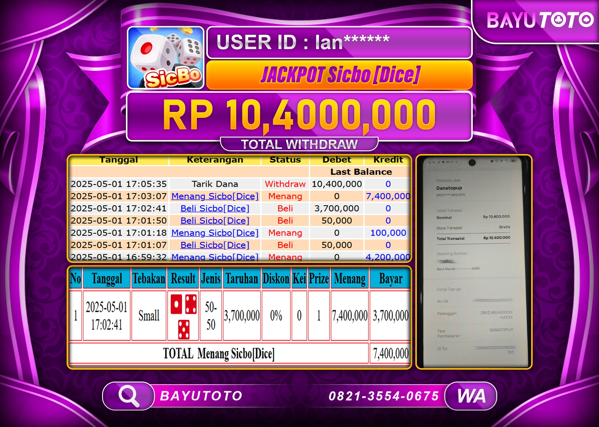 BAYUTOTO JACKPOT LIVE GAMES SICBO  DICE Rp.10,000,000 LUNAS