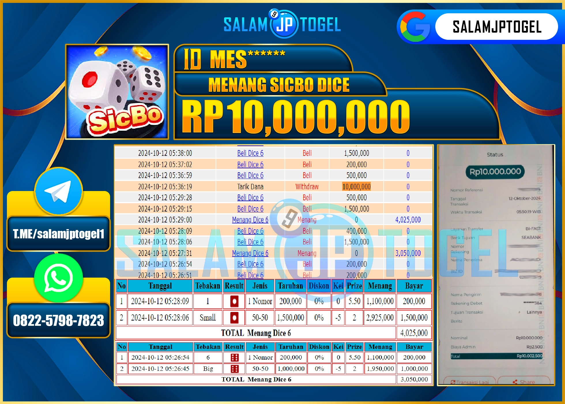 SALAMJPTOGEL MENANG LIVEGAMES SICBO DICE  RP. 10,000,000 LUNAS