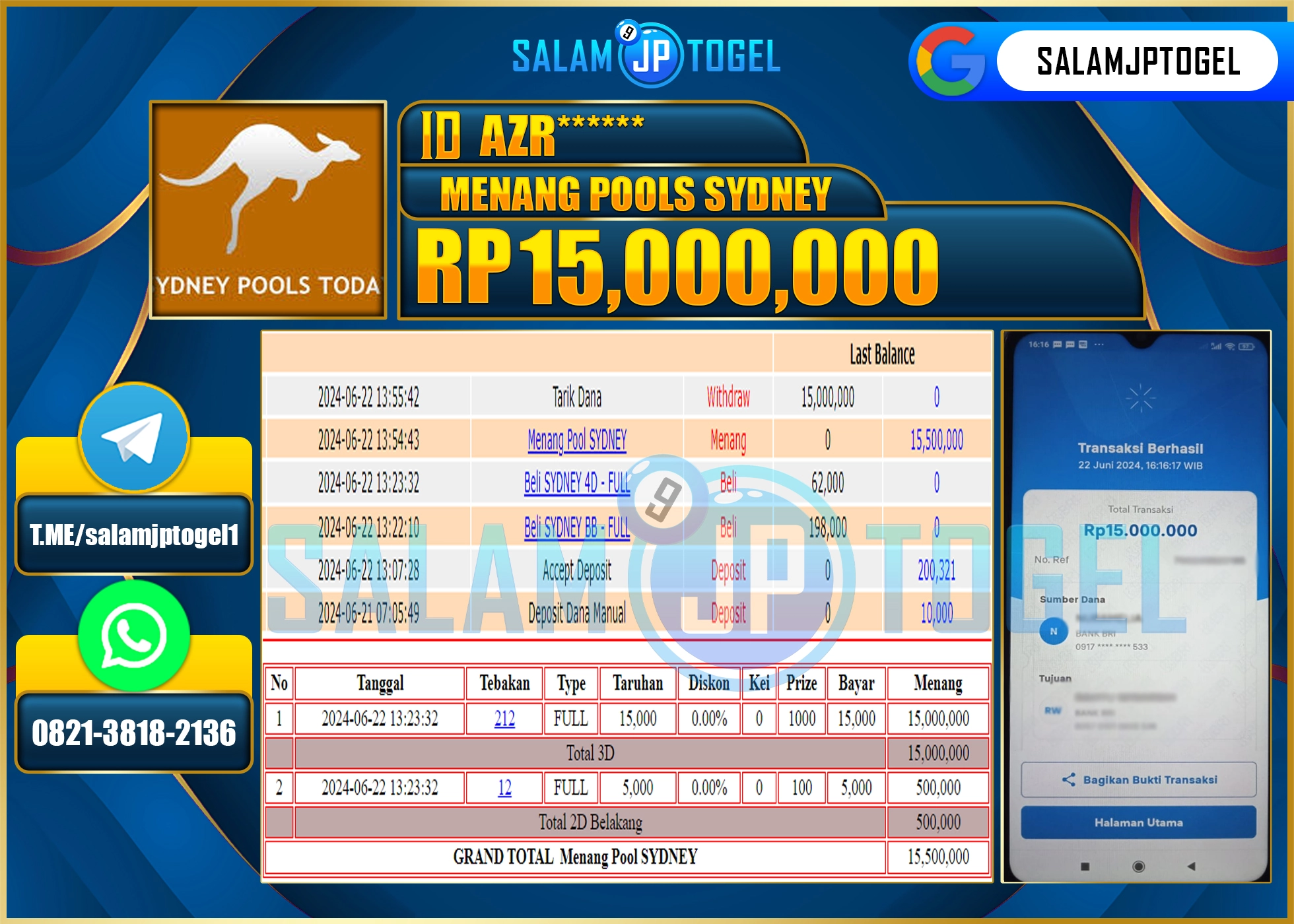 SALAMJPTOGEL MENANG  POOLS SYDNEY  RP. 15,000,000.,LUNAS