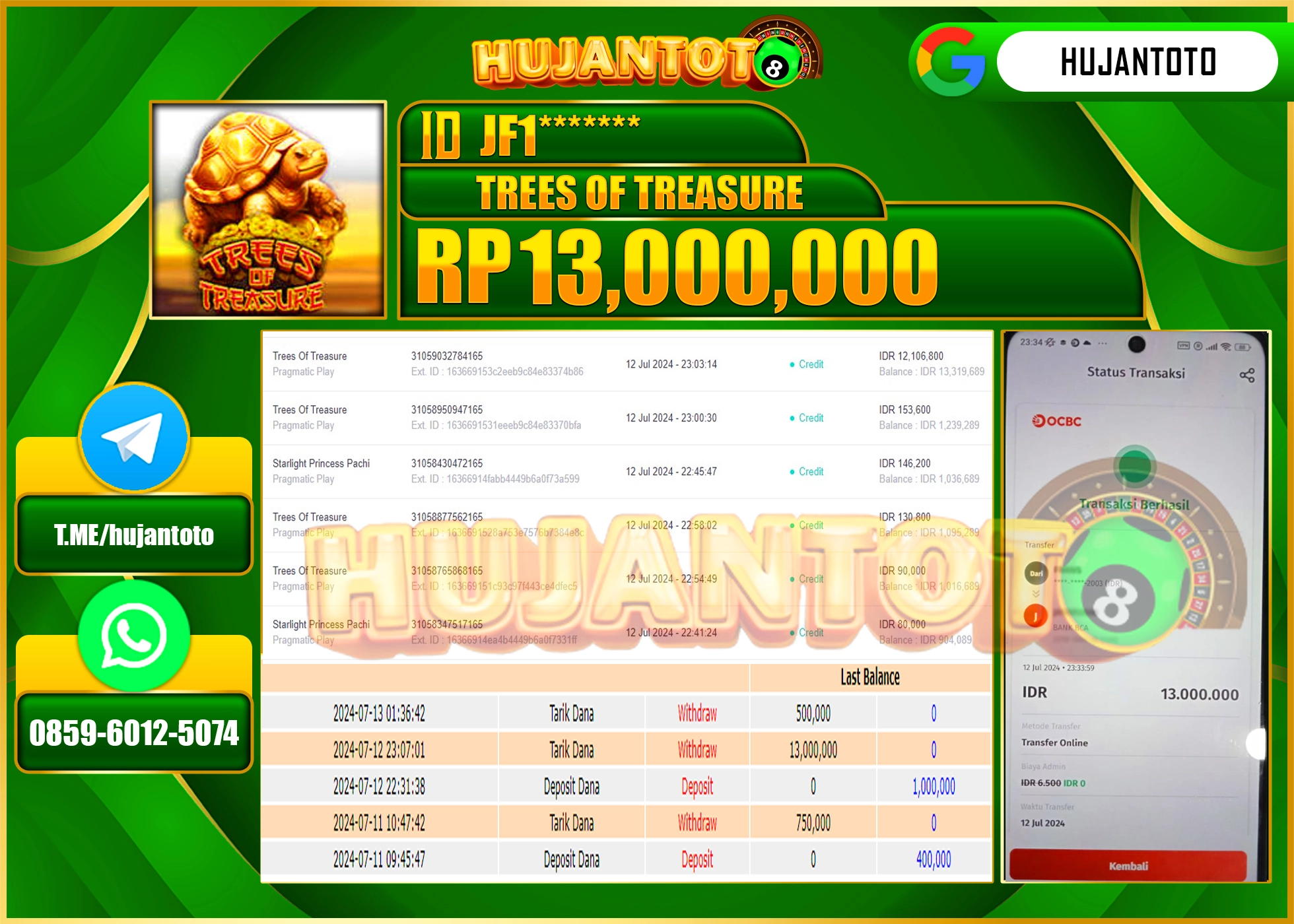 HUJANTOTO MENANG SLOT TREES OF TREASURE (Pragmatic Play)  13.000.000 - LUNAS 