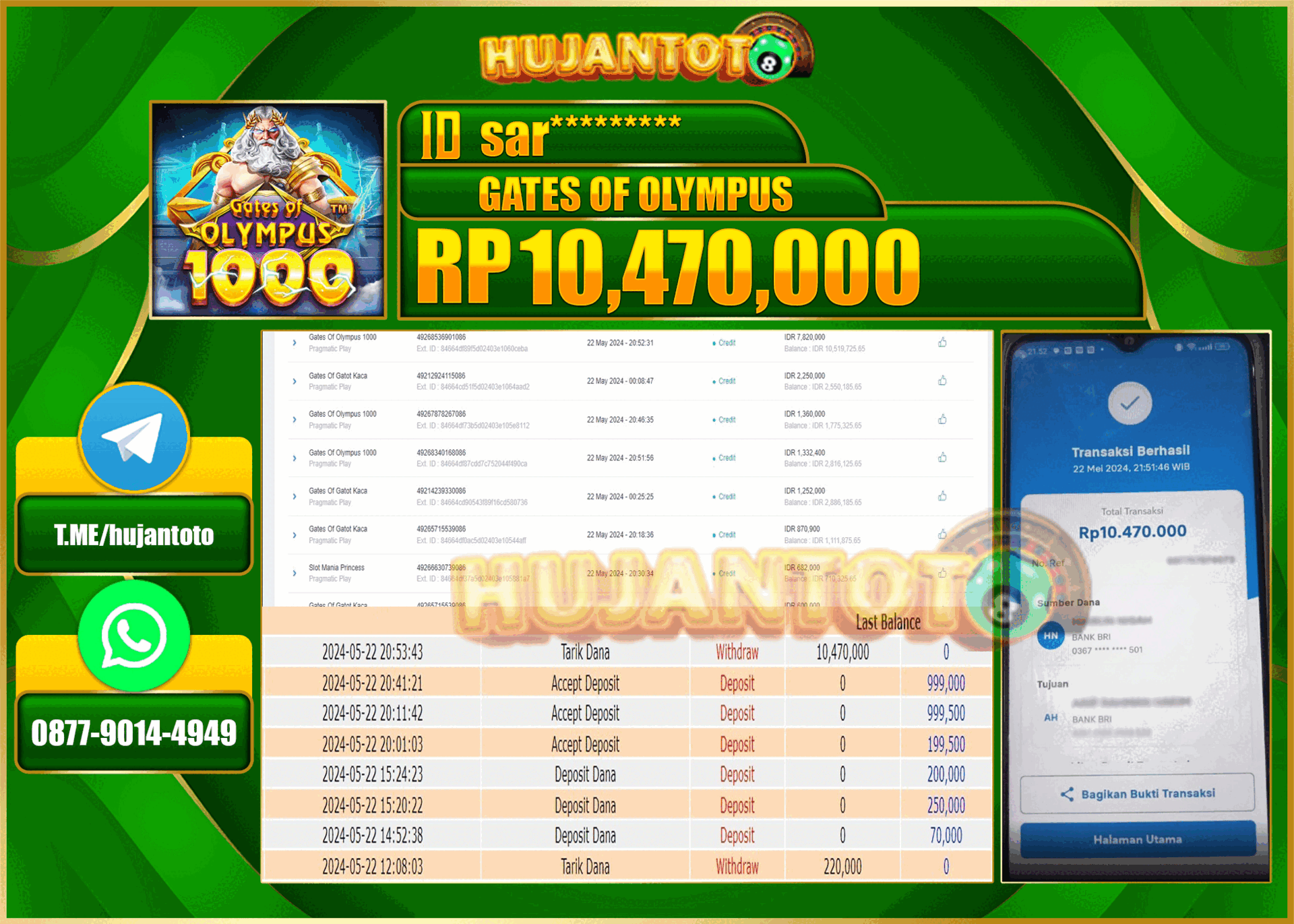 HUJANTOTO MENANG DI GATES OF OLYMPUS, 10,470,000 - LUNAS 