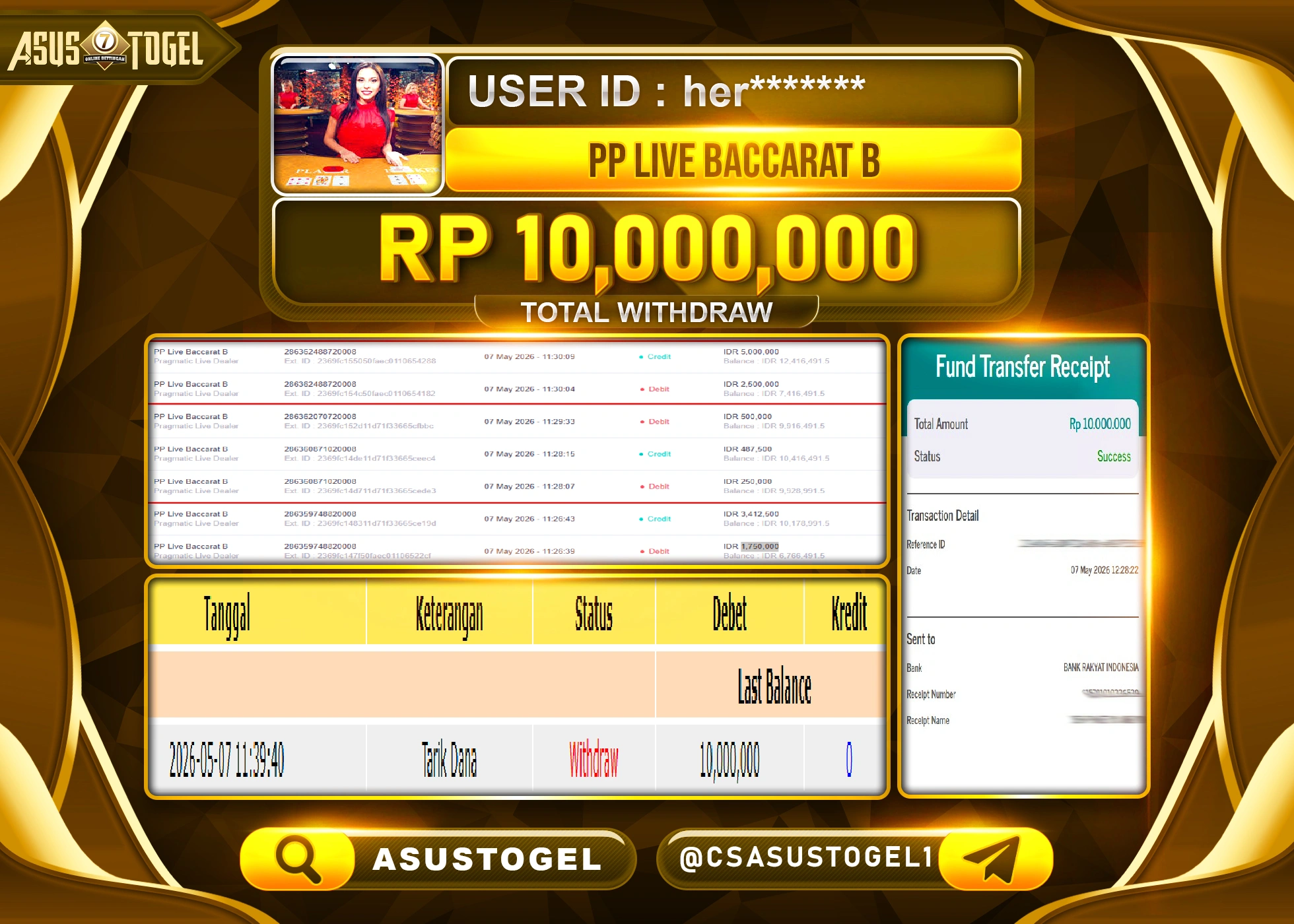 ASUSTOGEL KEMENANGAN JACKPOT DI PERMAINAN PP LIVE BACCARAT B SEBESAR Rp.10,000,000 - RUPIAH LUNAS