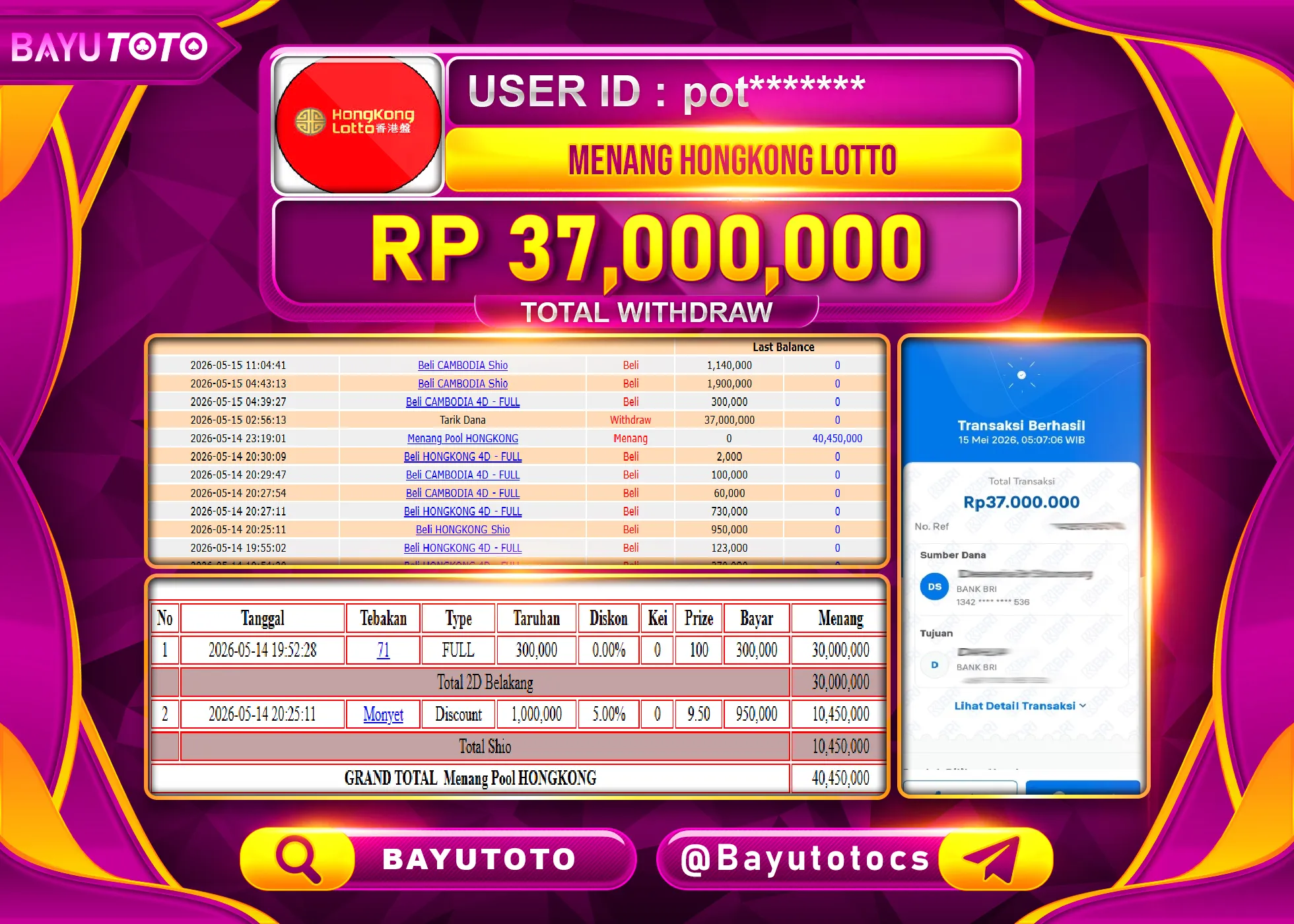 SELAMAT MEMBER SETIA BAYUTOTO JACKPOT DI TOGEL HONGKONG LOTTO Rp. 37,000,000 LUNAS