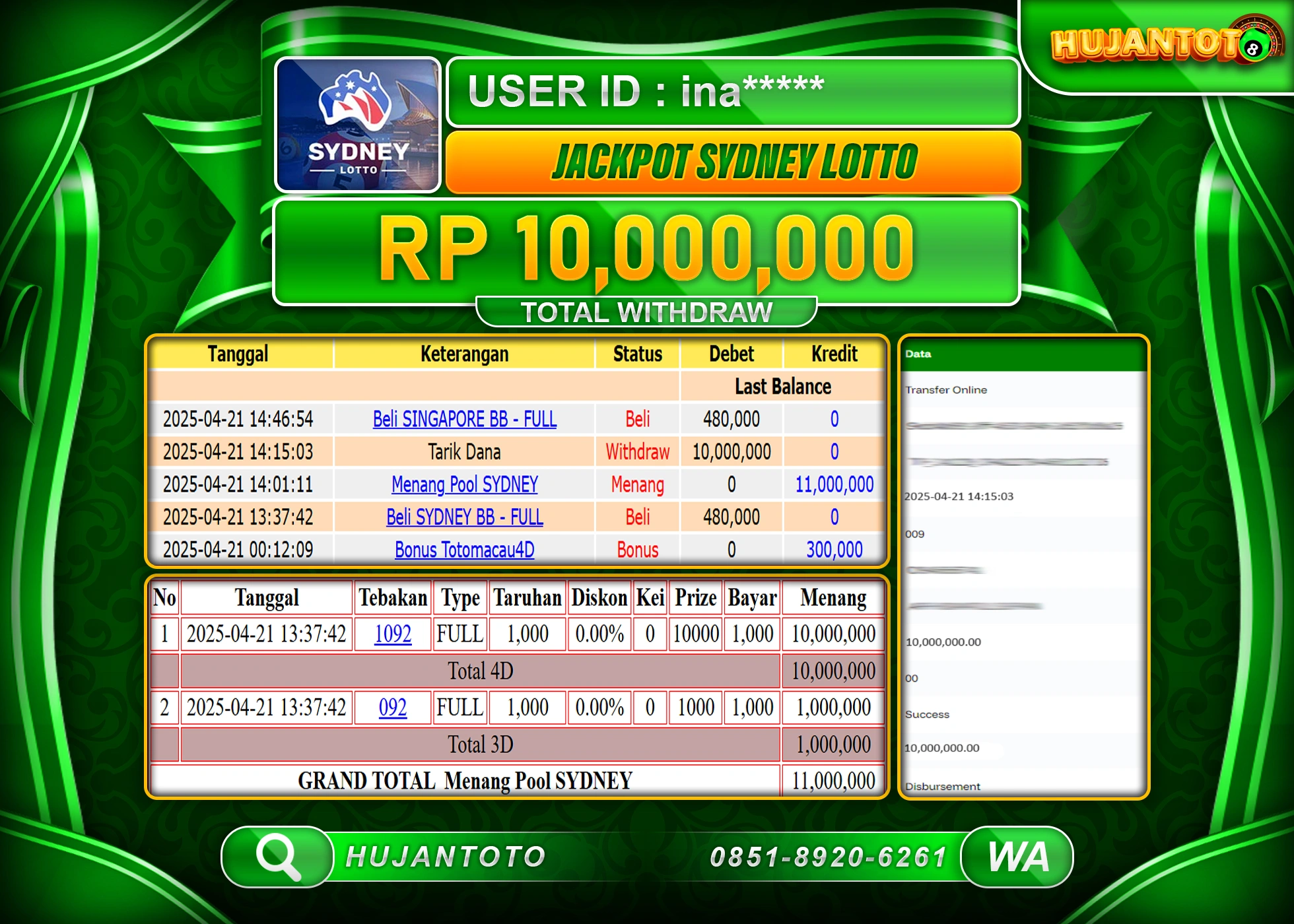 HUJANTOTO - BUKTI JACKPOT MENANG PERMAINAN  TOGEL SYDNEY LOTTO Rp,10,000,000 - TERBAYAR LUNAS