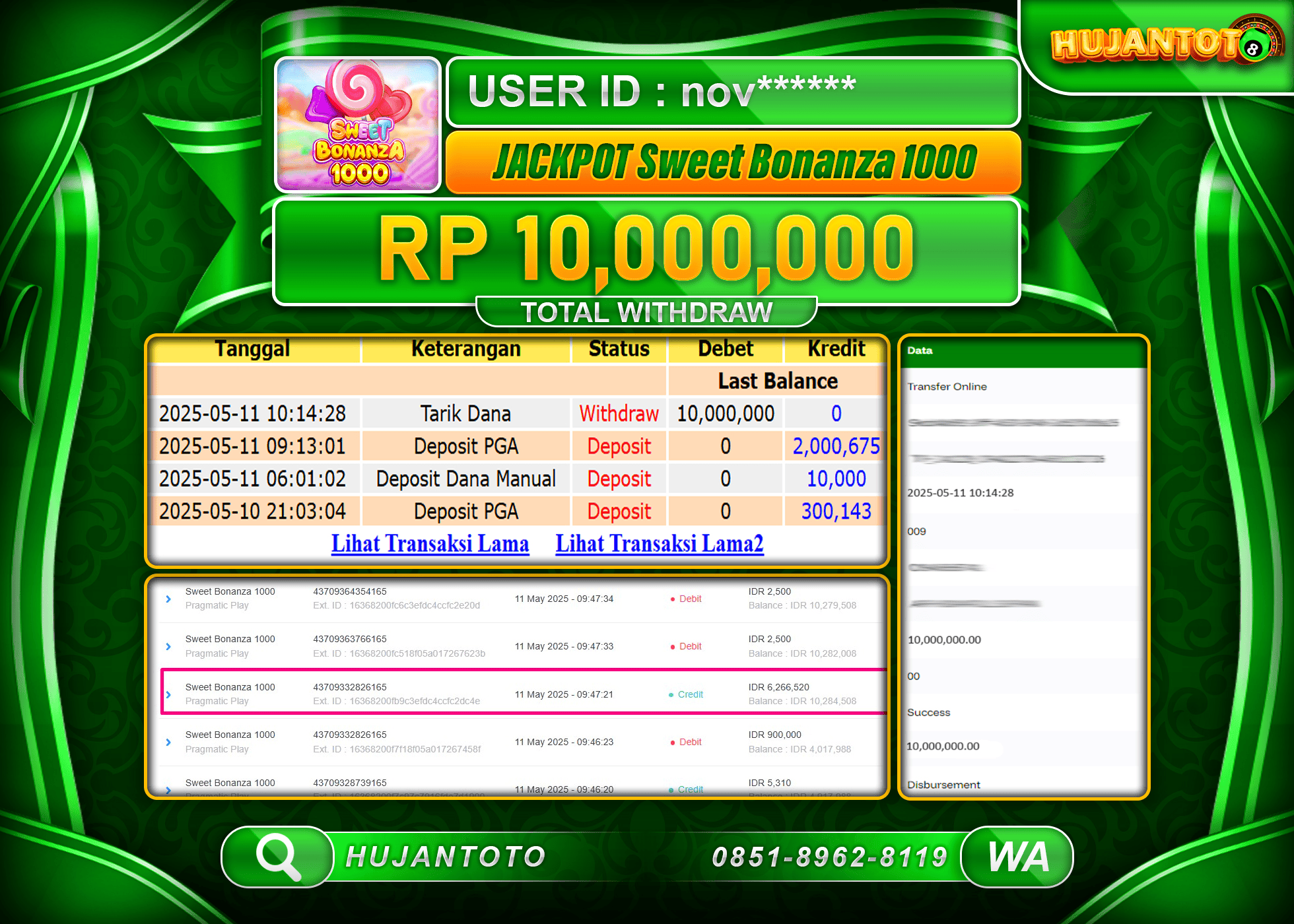 HUJANTOTO - BUKTI JACKPOT MENANG SLOT SWEET BONANZA 1000 Rp,10,000,000 - TERBAYAR LUNAS