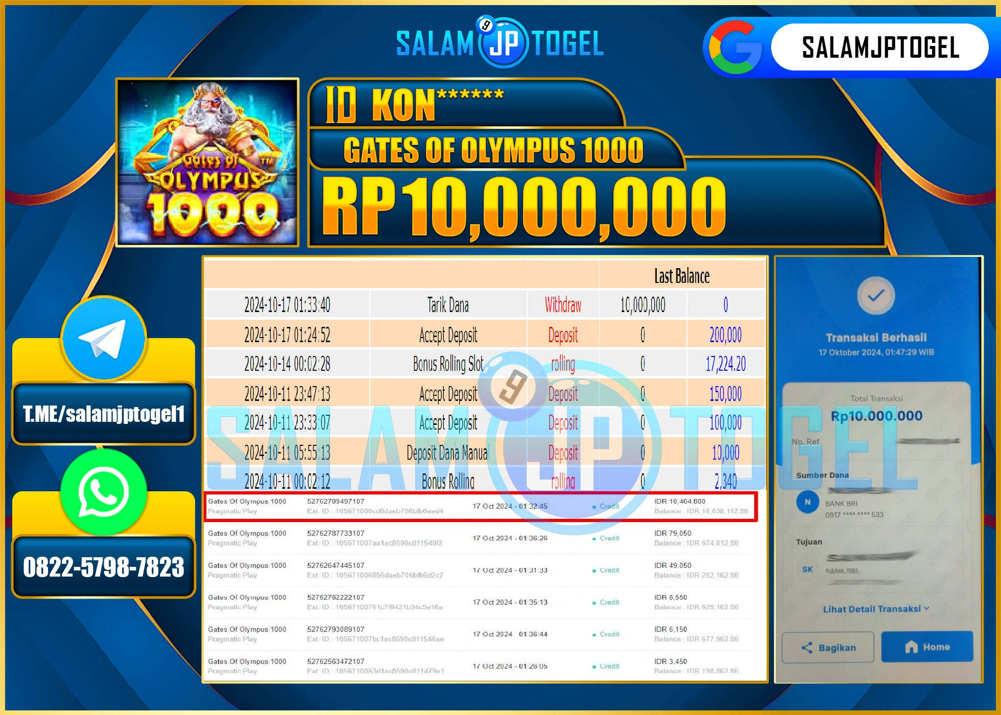 SALAMJPTOGEL MENANG SLOT GATES OF OLYMPUS 1000 RP. 10,000,000 LUNAS