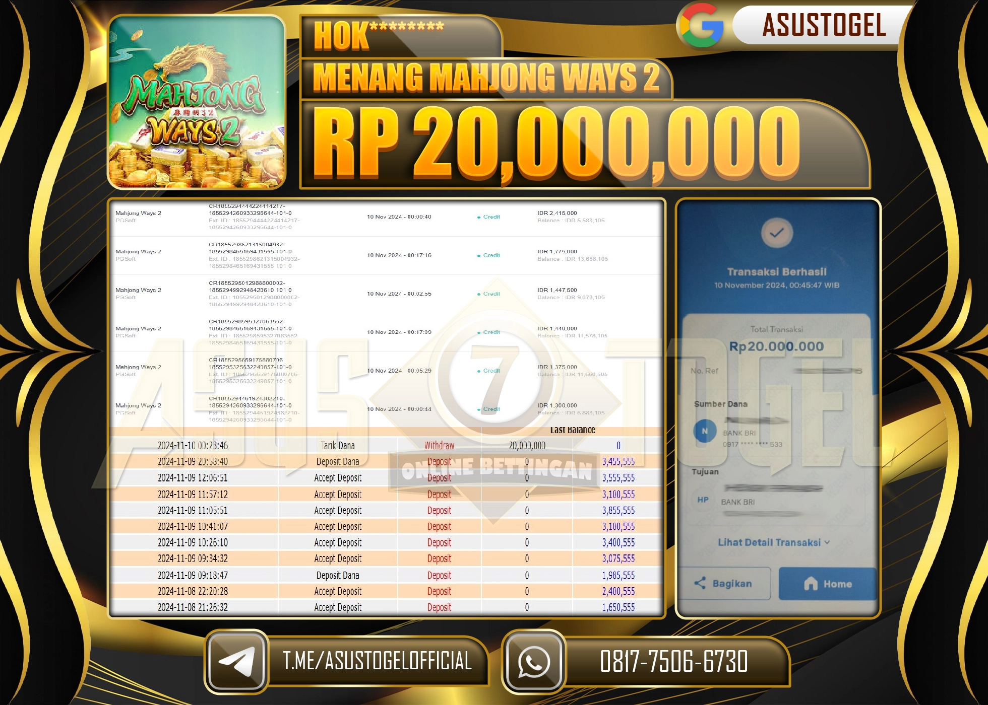 ASUSTOGEL KEMENANGAN DI SLOT MAHJONG WAYS 2 SEBESAR 20,000,000- RUPIAH LUNAS