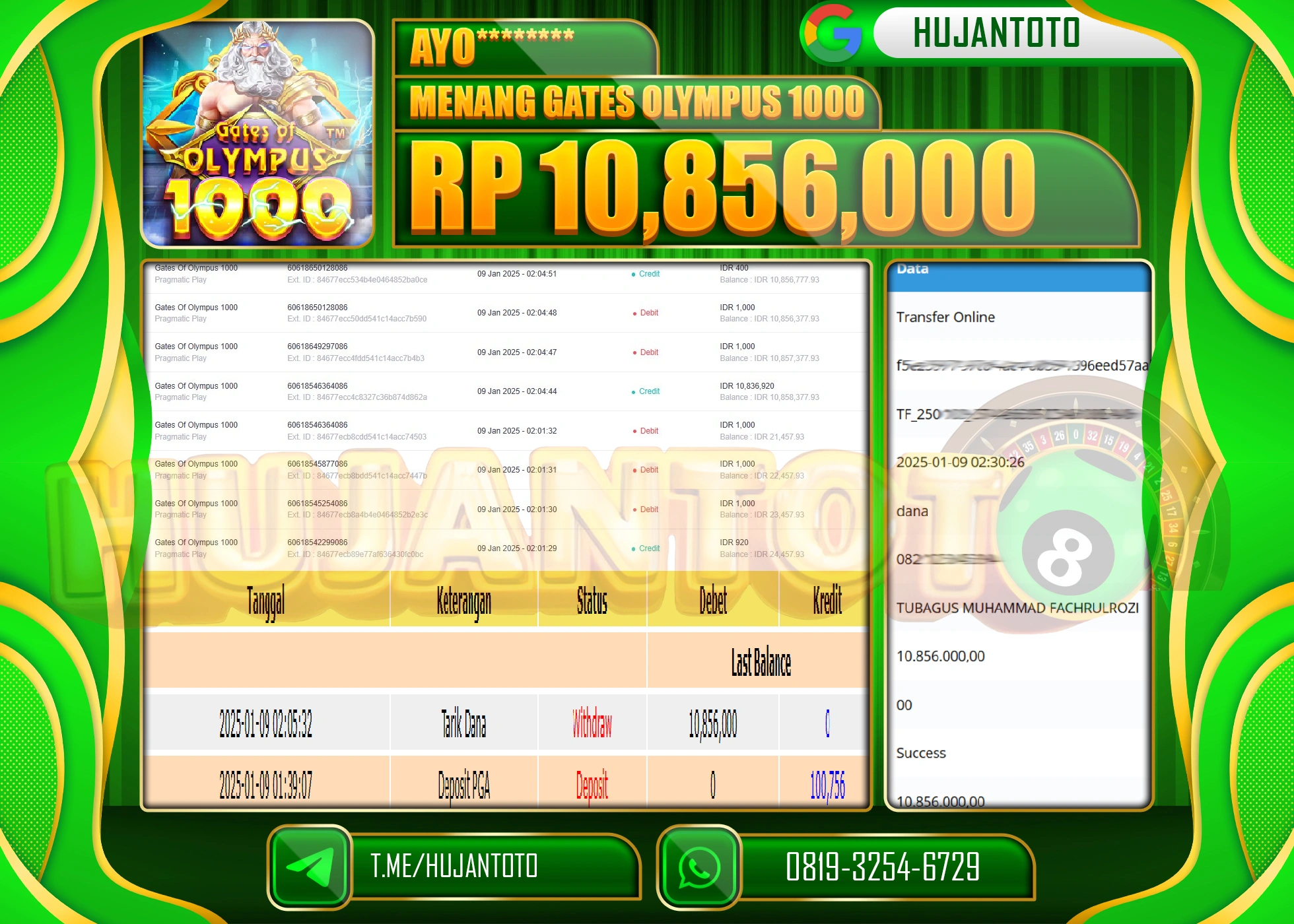 HUJANTOTO - BUKTI JACKPOT DI PERMAINAN SLOT GATES OLYMPUS 1000 Rp.10,856,000,- TERBAYAR LUNAS