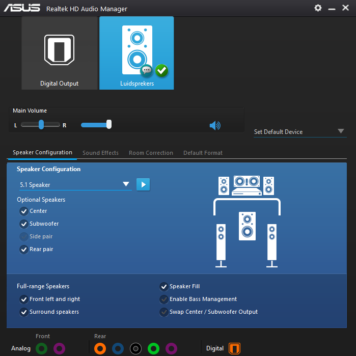 configure asus realtek audio manager to plug speakers into the motherboard