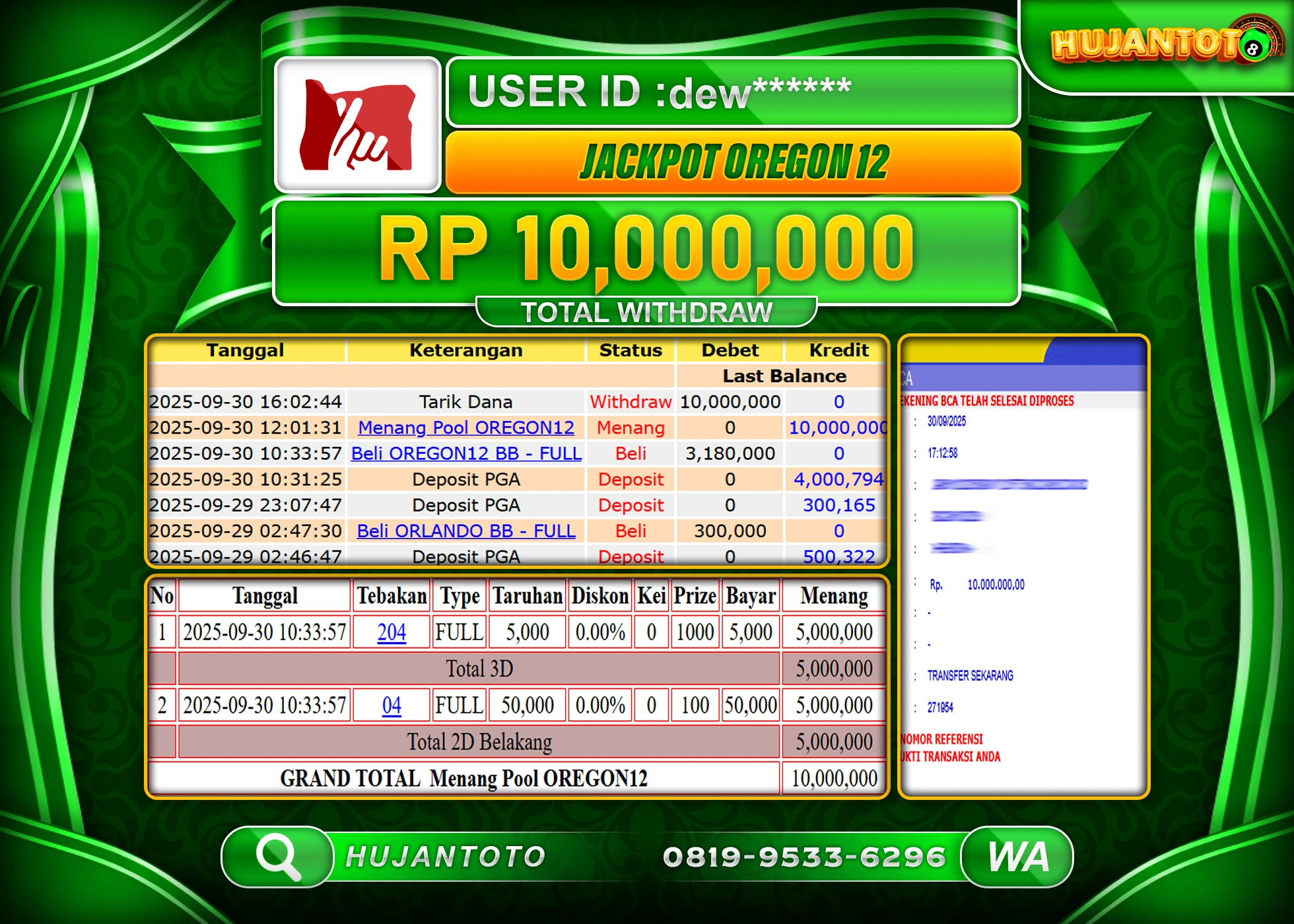 HUJANTOTO - BUKTI JACKPOT MENANG TOGEL PASARAN OREGON 12 Rp.10,000,000  - TERBAYAR LUNAS
