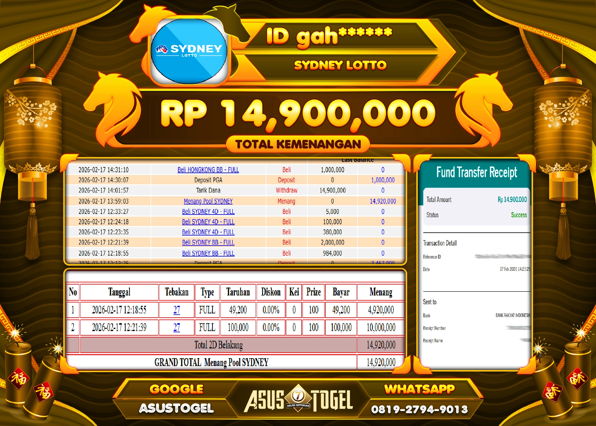 ASUSTOGEL KEMENANGAN DI TOGEL SYDNEY LOTTO SEBESAR 14,900,000 - RUPIAH LUNAS