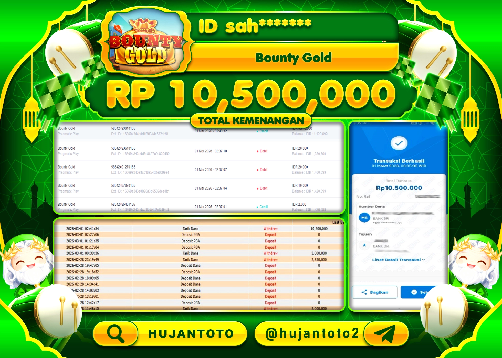 HUJANTOTO - BUKTI JACKPOT MENANG SLOT BOUNTY GOLD PRAGMATIC PLAY Rp.10,500,000 - TERBAYAR LUNAS