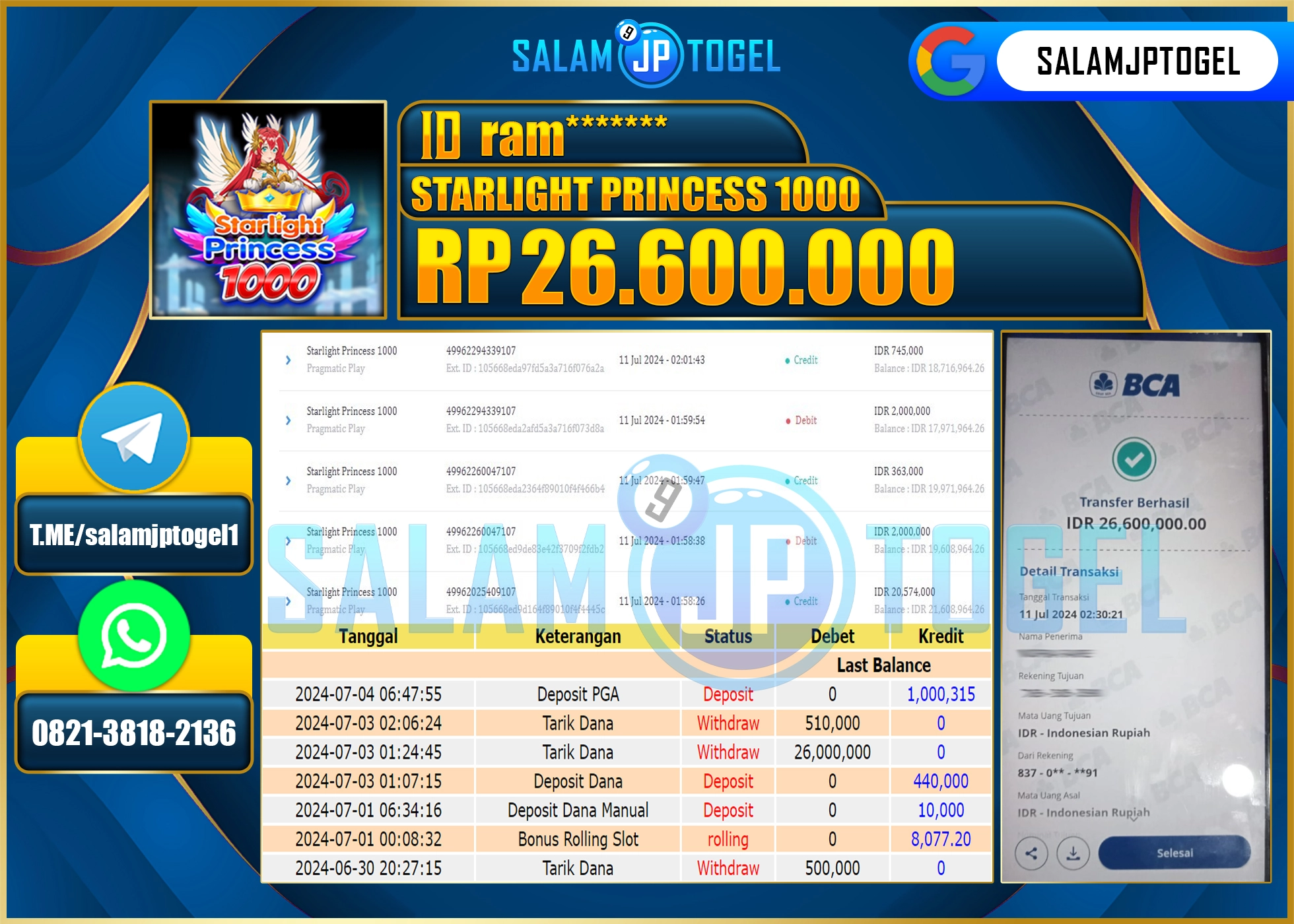 SALAMJPTOGEL MENANG Starlight Princess 1000 RP. 26,600,000.,LUNAS